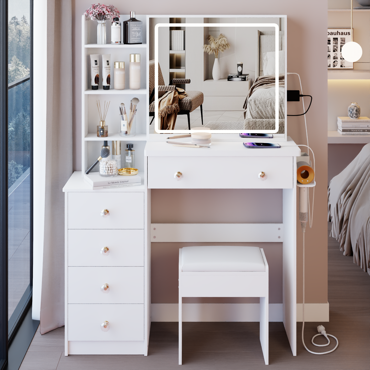 Modern White Makeup Vanity Set with Integrated Mirror, Matching Stool, and Extensive Storage - Elegant Design with Five Drawers and Open Shelves