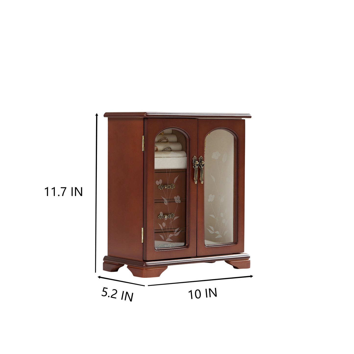 Solid Wooden Jewelry Box with 3-Drawers Built-in Necklace Carousel and Mirror Brown