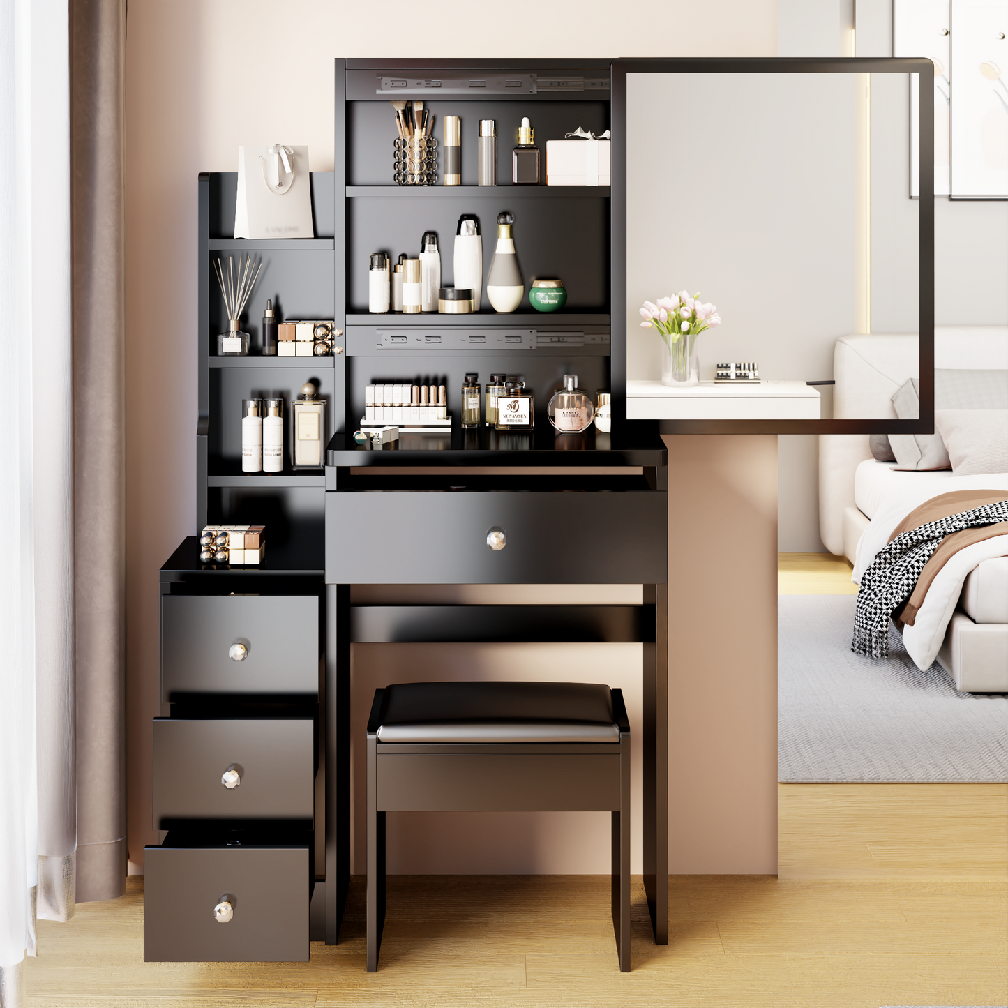 Sleek Black Makeup Vanity Set with LED Lighted Mirror and Ample Storage - Contemporary Design with Matching Stool
