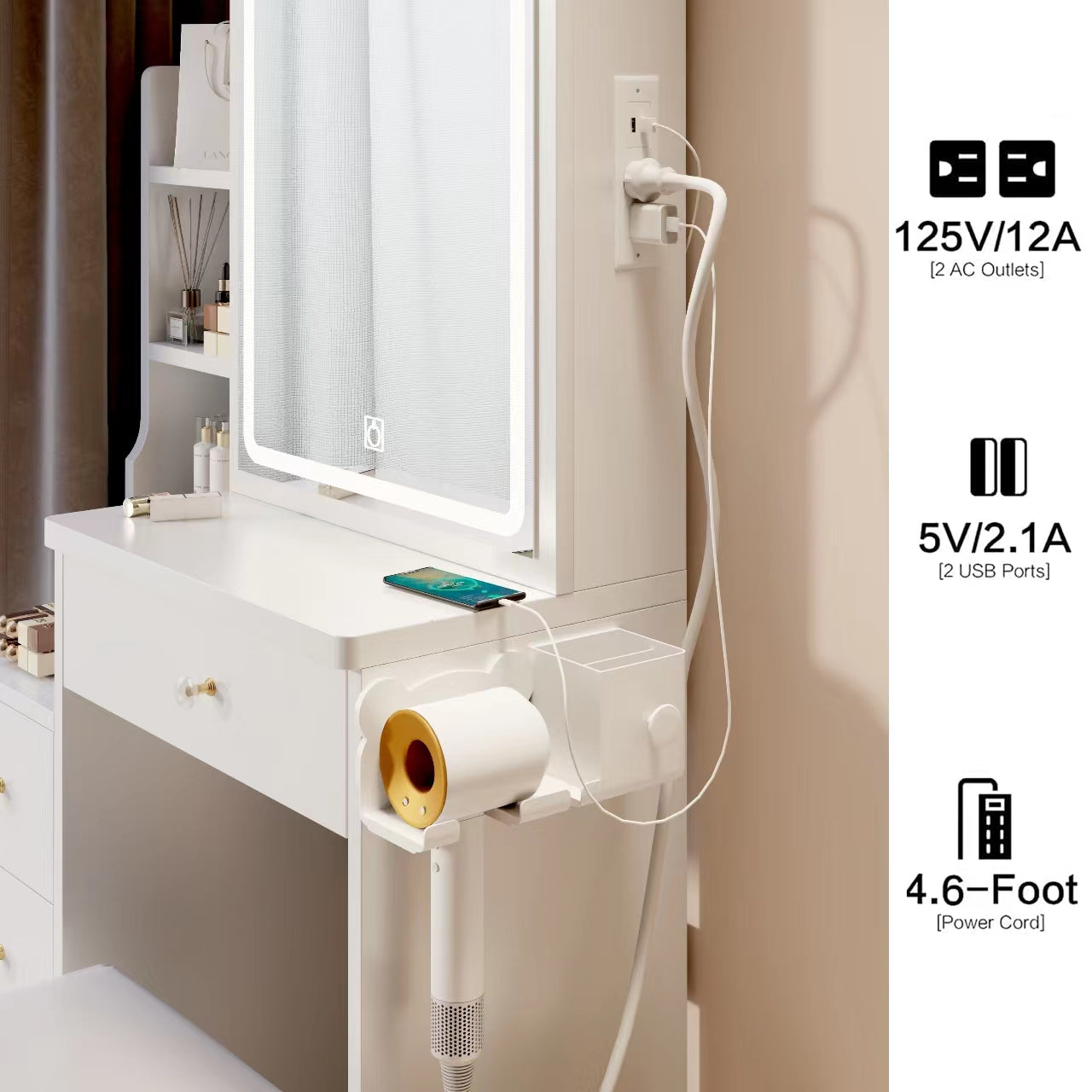 Elegant White Makeup Vanity Set with LED Lighted Mirror, Spacious Storage, and Matching Stool - Modern Design with Gold Accents