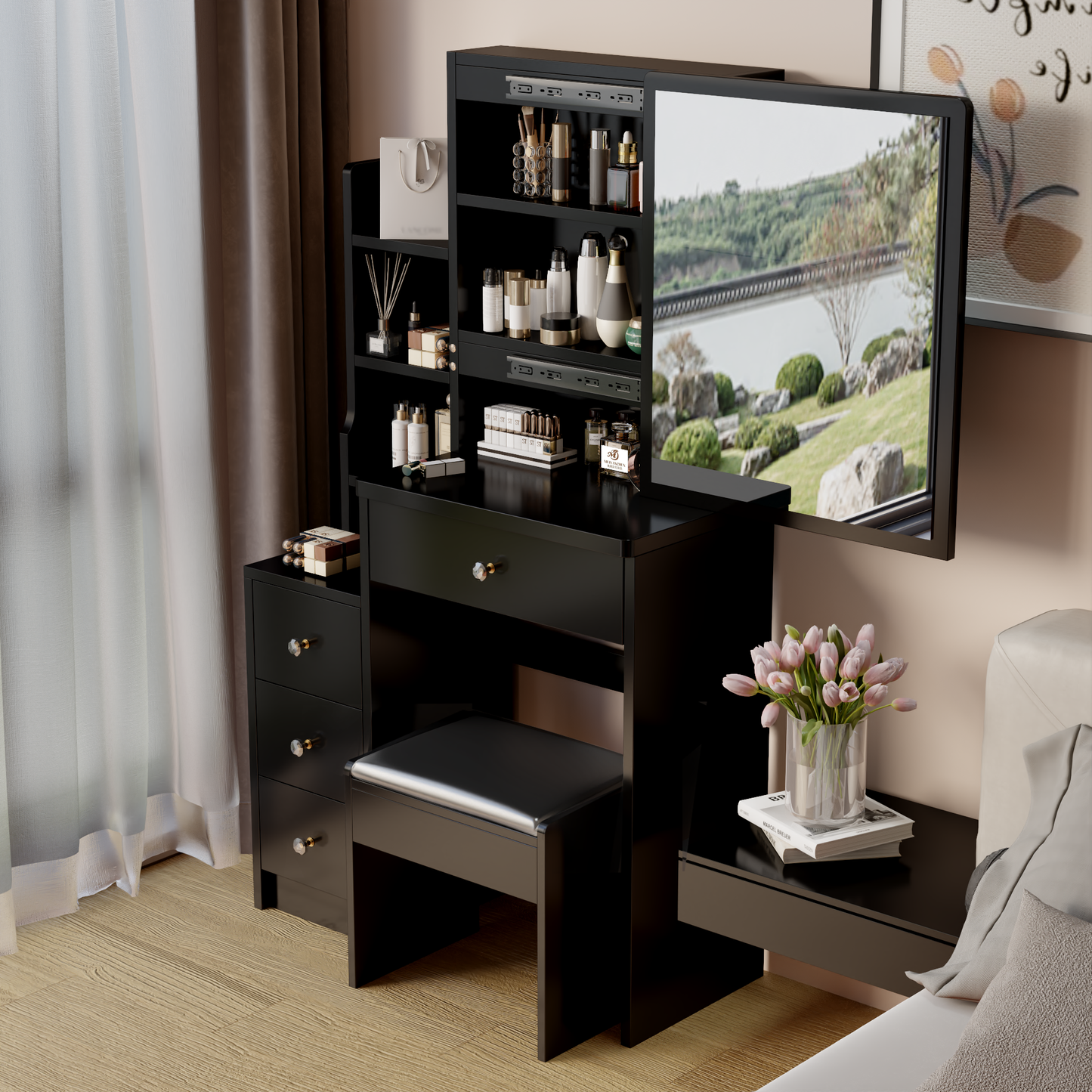 Sleek Black Makeup Vanity Set with LED Lighted Mirror and Ample Storage - Contemporary Design with Matching Stool