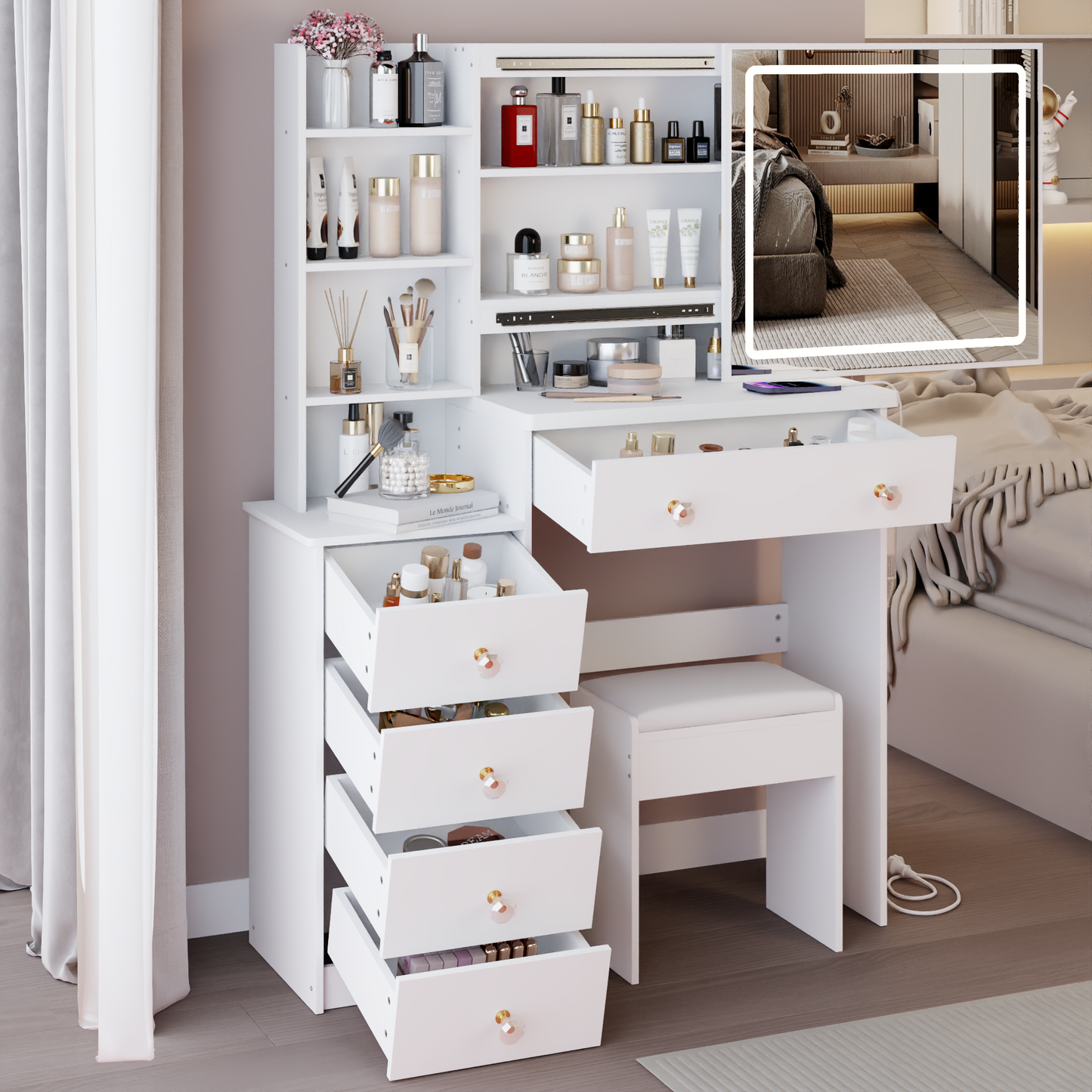 Modern White Makeup Vanity Set with Integrated Mirror, Matching Stool, and Extensive Storage - Elegant Design with Five Drawers and Open Shelves