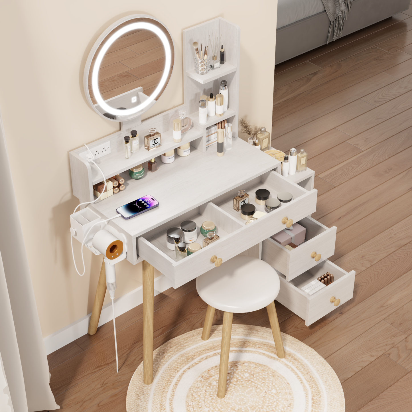 Modern Makeup Vanity Set with LED Lighted Mirror, Integrated Power Outlet, and Storage - Light Wood Finish, Includes Matching Stool