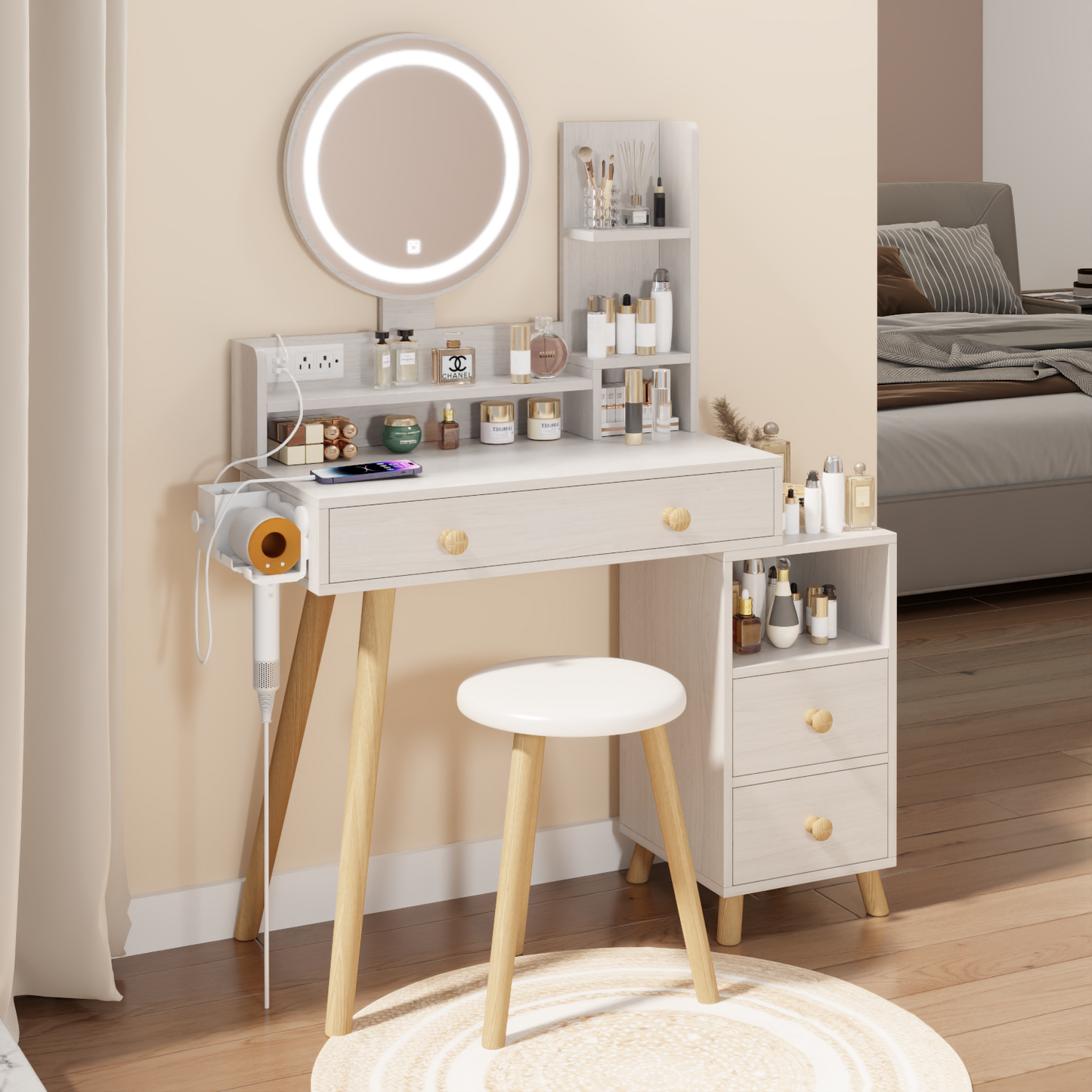 Modern Makeup Vanity Set with LED Lighted Mirror, Integrated Power Outlet, and Storage - Light Wood Finish, Includes Matching Stool