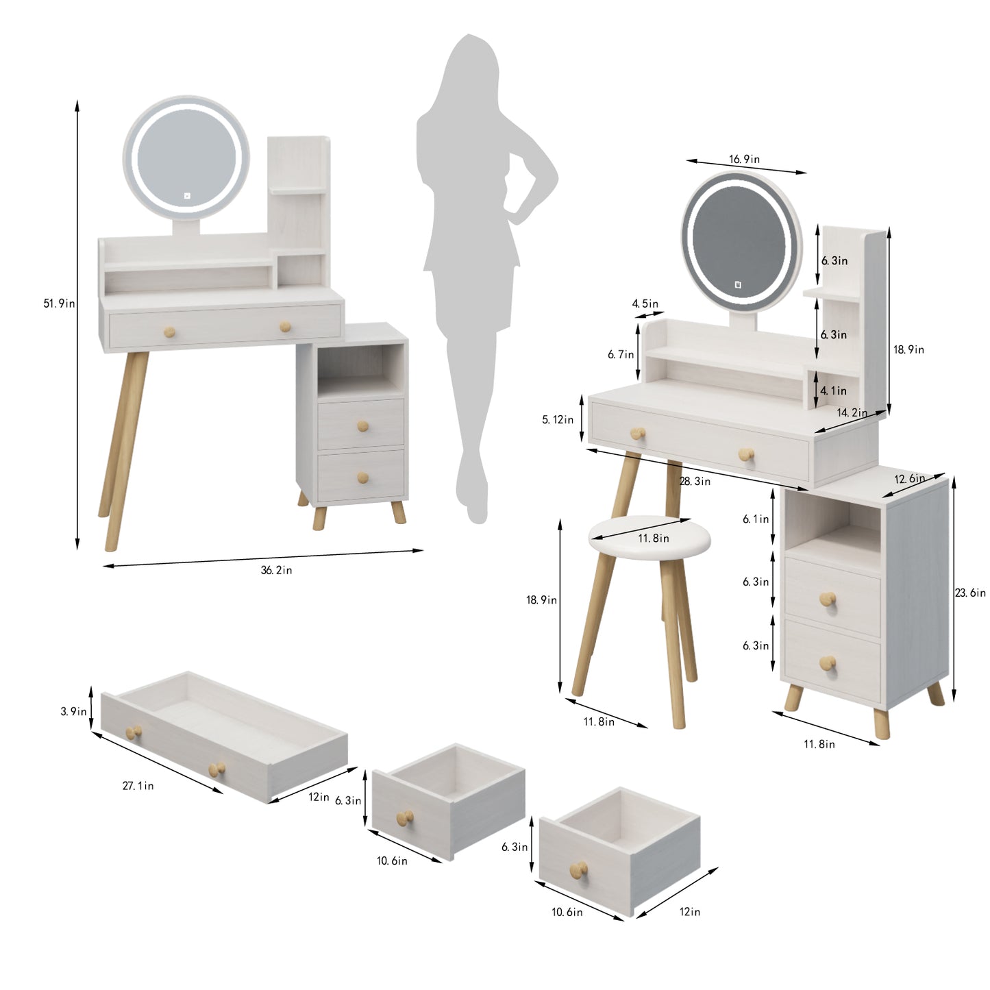 Modern Makeup Vanity Set with LED Lighted Mirror, Integrated Power Outlet, and Storage - Light Wood Finish, Includes Matching Stool