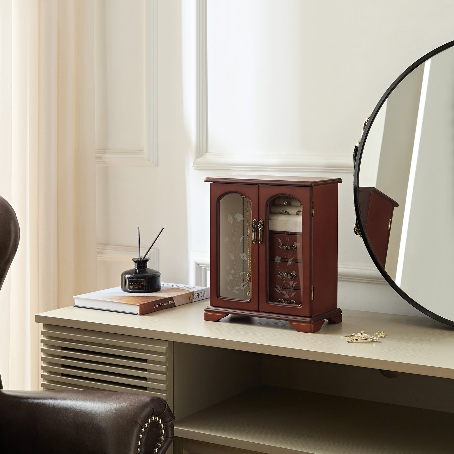 Solid Wooden Jewelry Box with 3-Drawers Built-in Necklace Carousel and Mirror Brown