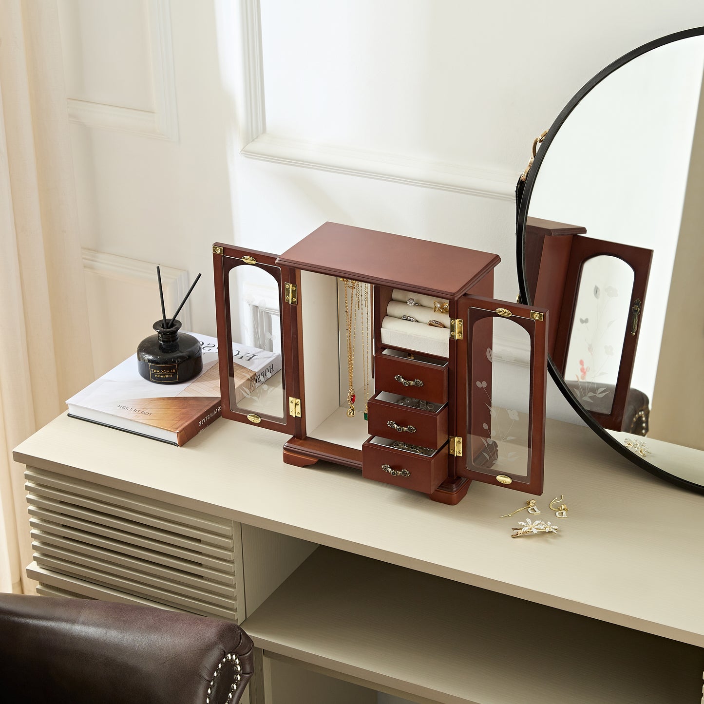 Solid Wooden Jewelry Box with 3-Drawers Built-in Necklace Carousel and Mirror Brown