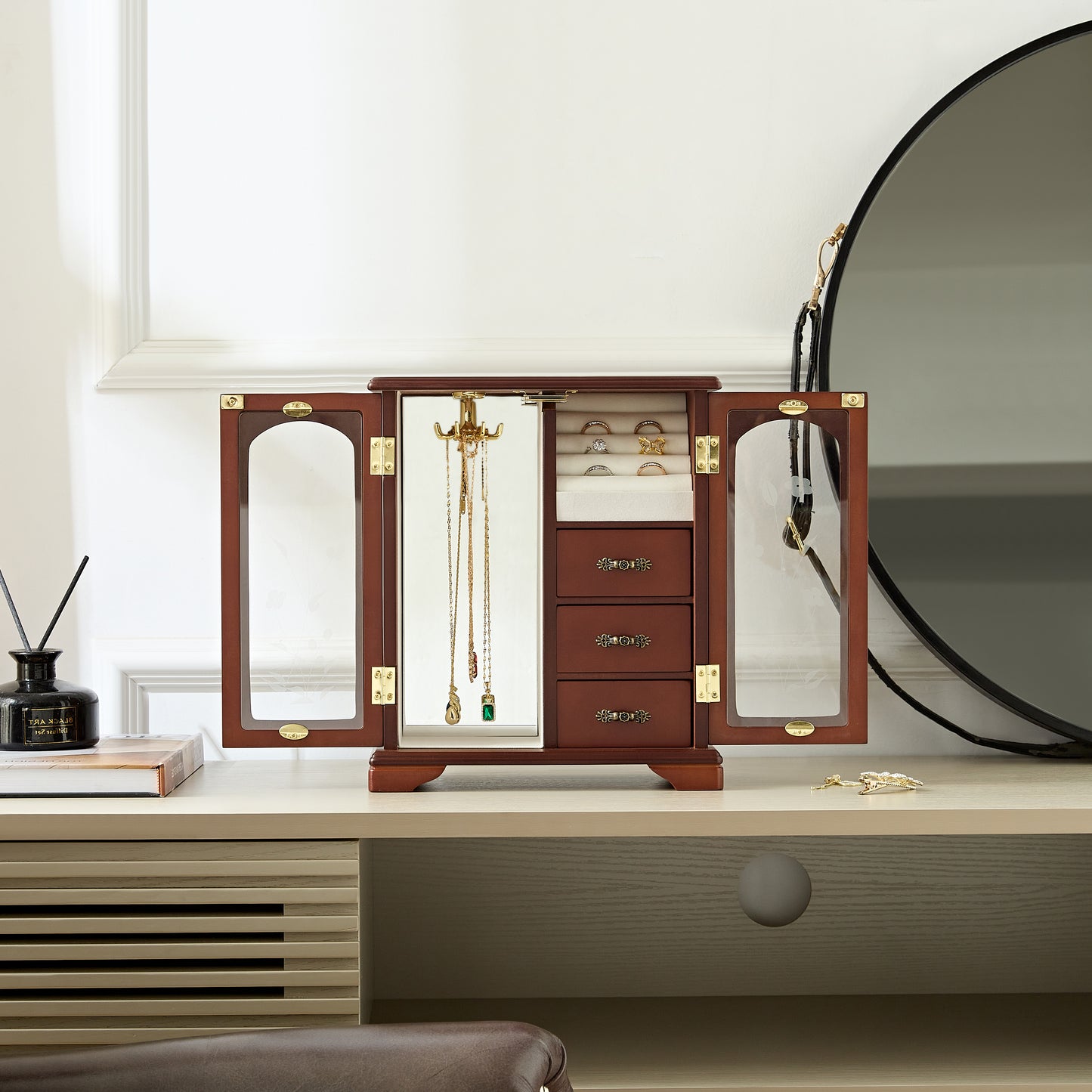Solid Wooden Jewelry Box with 3-Drawers Built-in Necklace Carousel and Mirror Brown