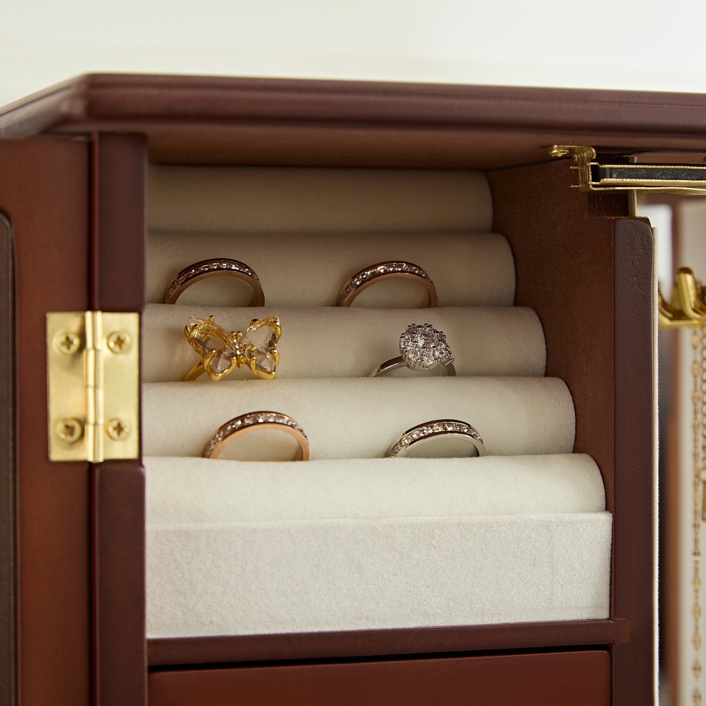 Solid Wooden Jewelry Box with 3-Drawers Built-in Necklace Carousel and Mirror Brown