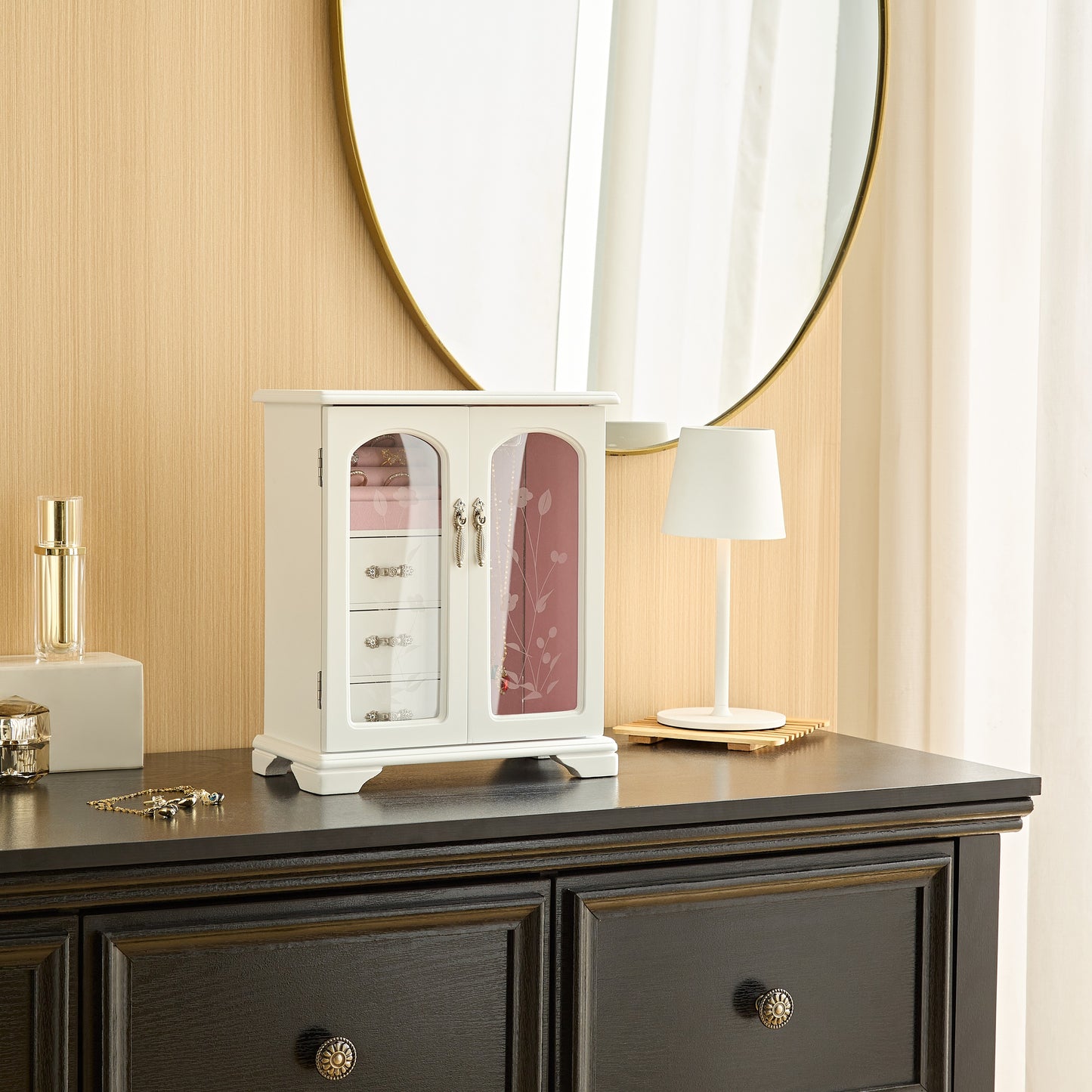 Solid Wooden Jewelry Box with 3-Drawers Built-in Necklace Carousel and Mirror White