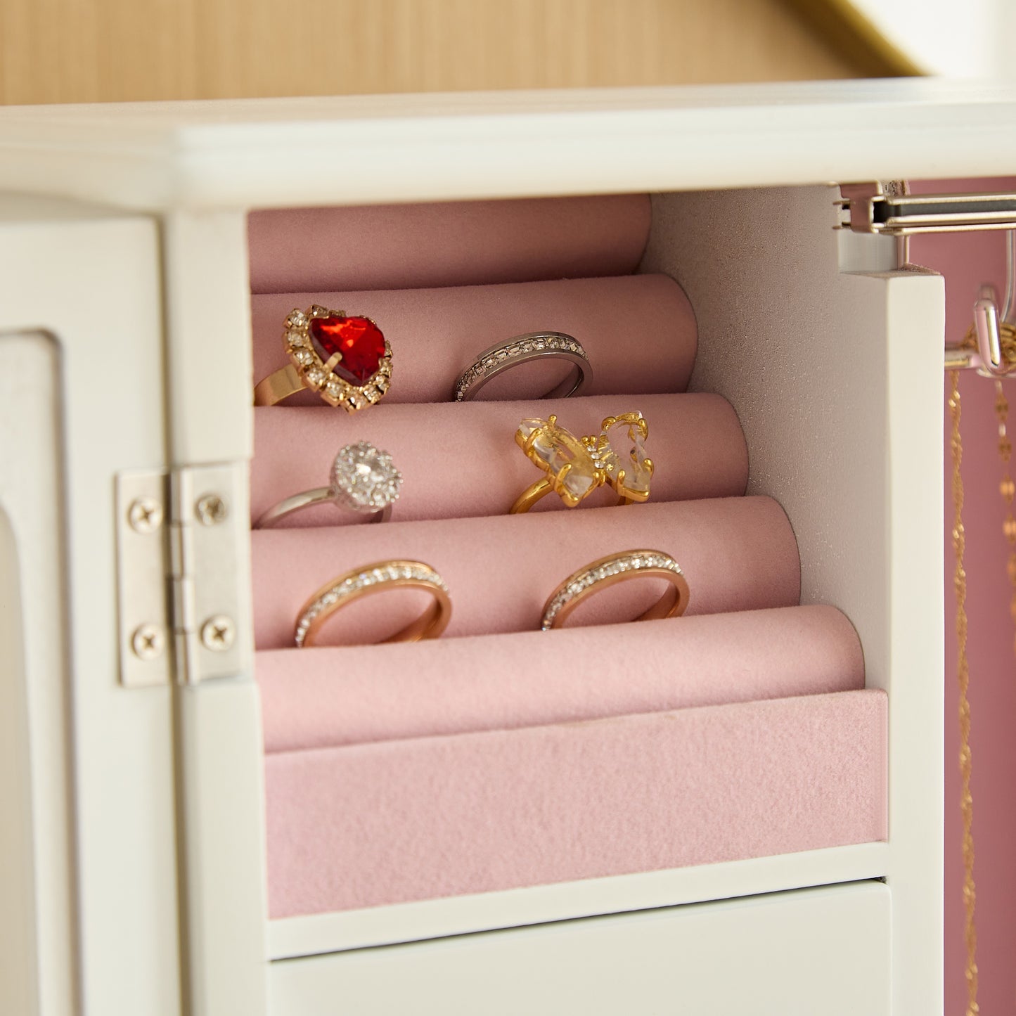 Solid Wooden Jewelry Box with 3-Drawers Built-in Necklace Carousel and Mirror White