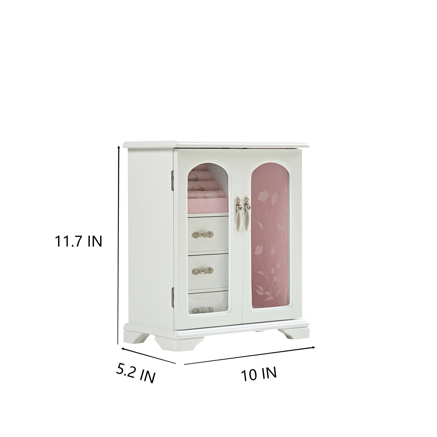 Solid Wooden Jewelry Box with 3-Drawers Built-in Necklace Carousel and Mirror White