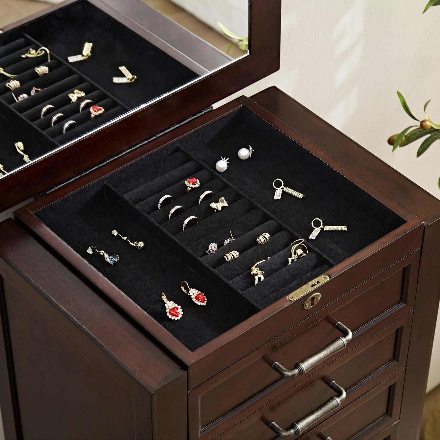 Joseph Espresso Locking Jewelry Armoire with 9-Drawer (42 in. H x 19 in. W x 13 in. D)