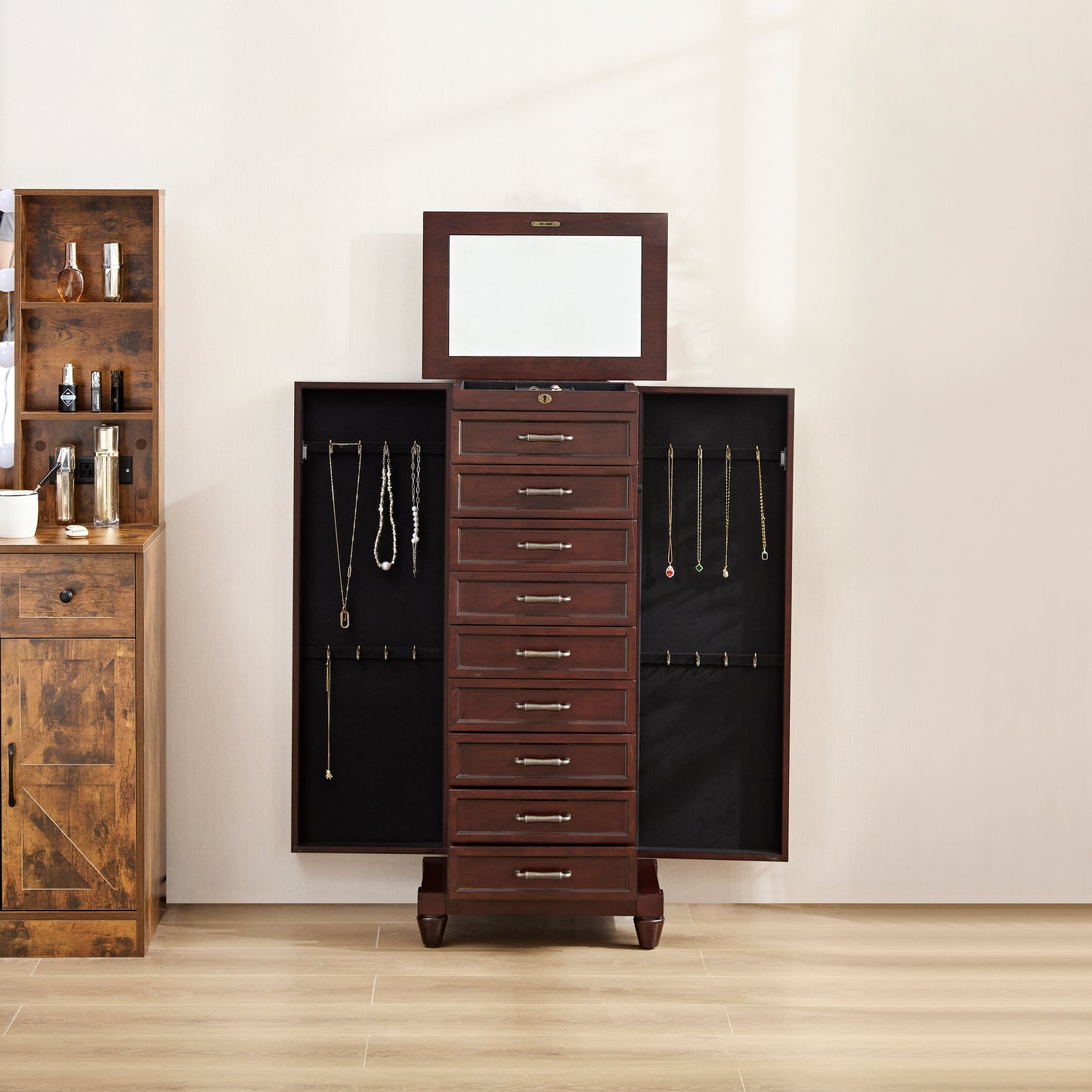 Joseph Espresso Locking Jewelry Armoire with 9-Drawer (42 in. H x 19 in. W x 13 in. D)