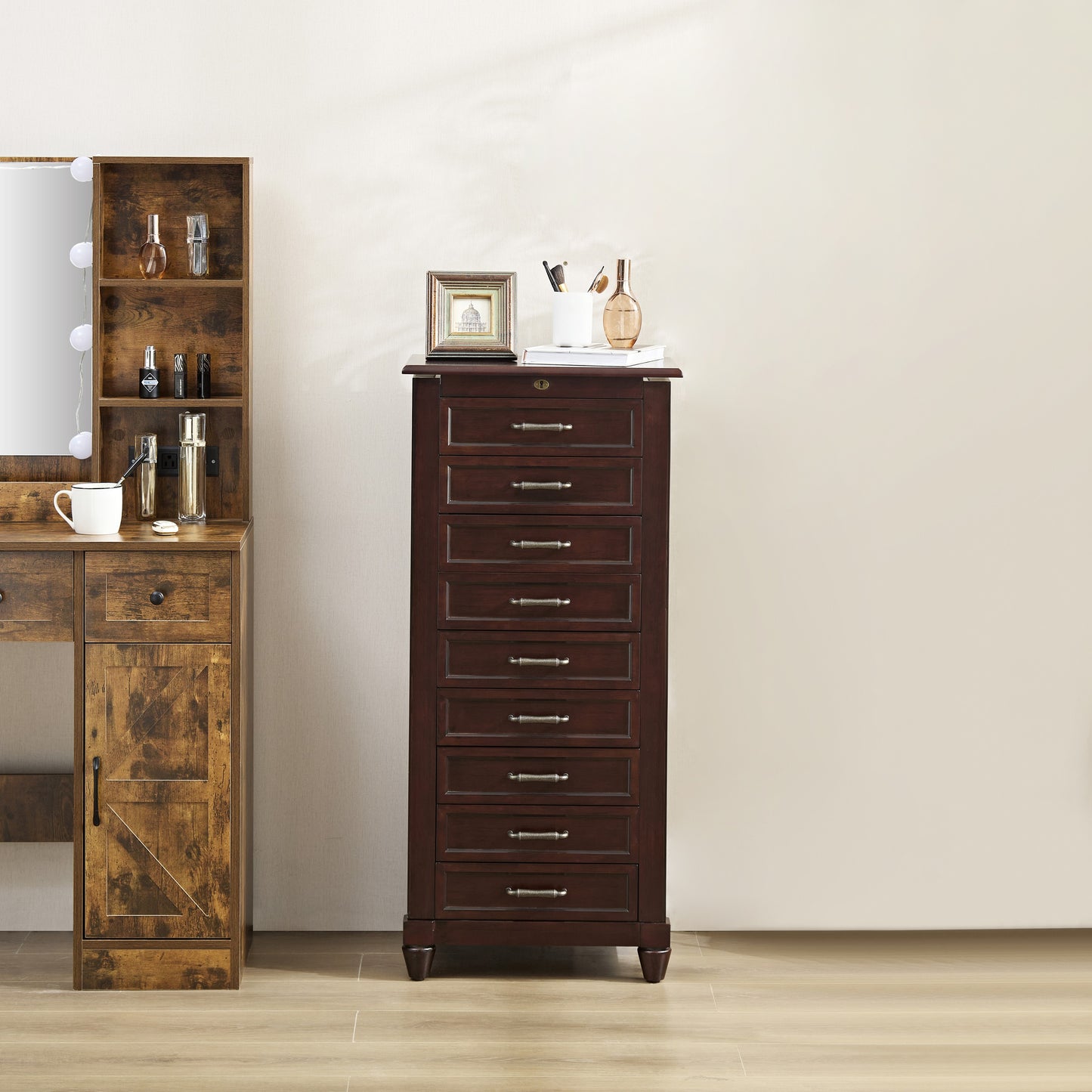 Joseph Espresso Locking Jewelry Armoire with 9-Drawer (42 in. H x 19 in. W x 13 in. D)