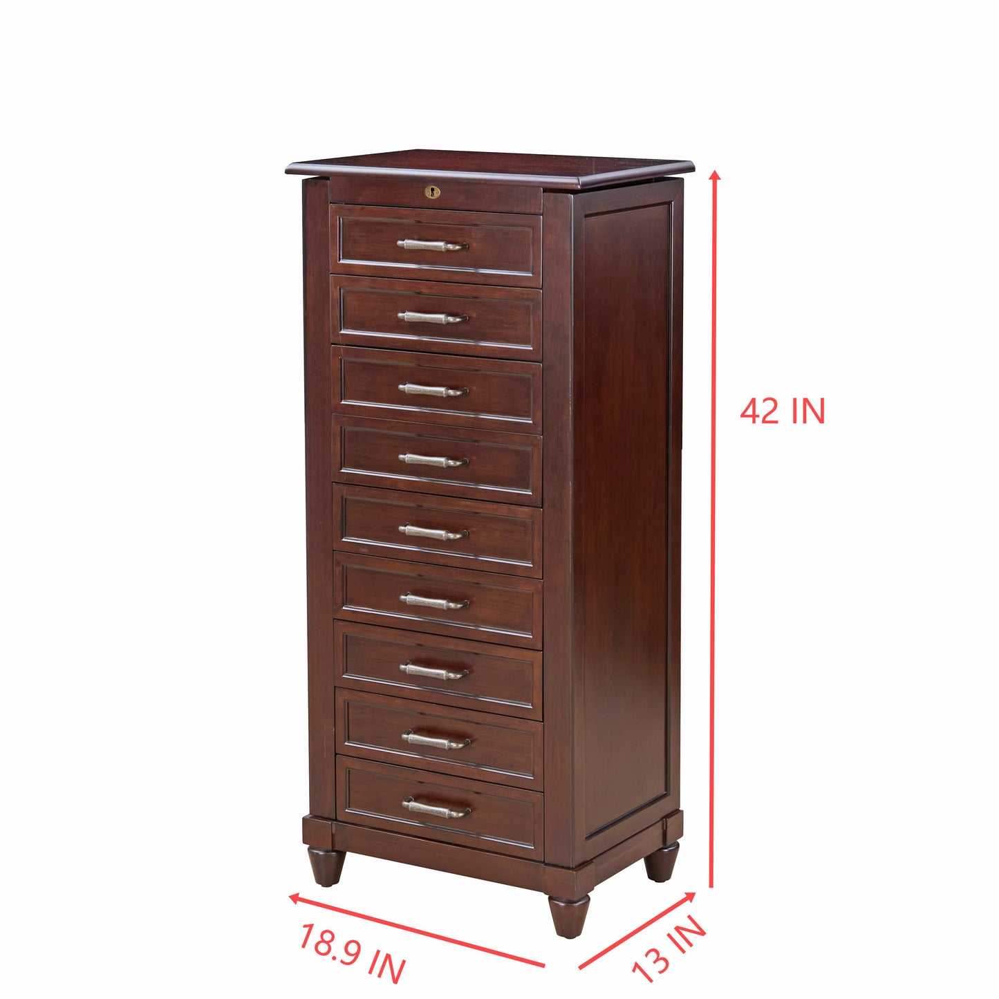Joseph Espresso Locking Jewelry Armoire with 9-Drawer (42 in. H x 19 in. W x 13 in. D)