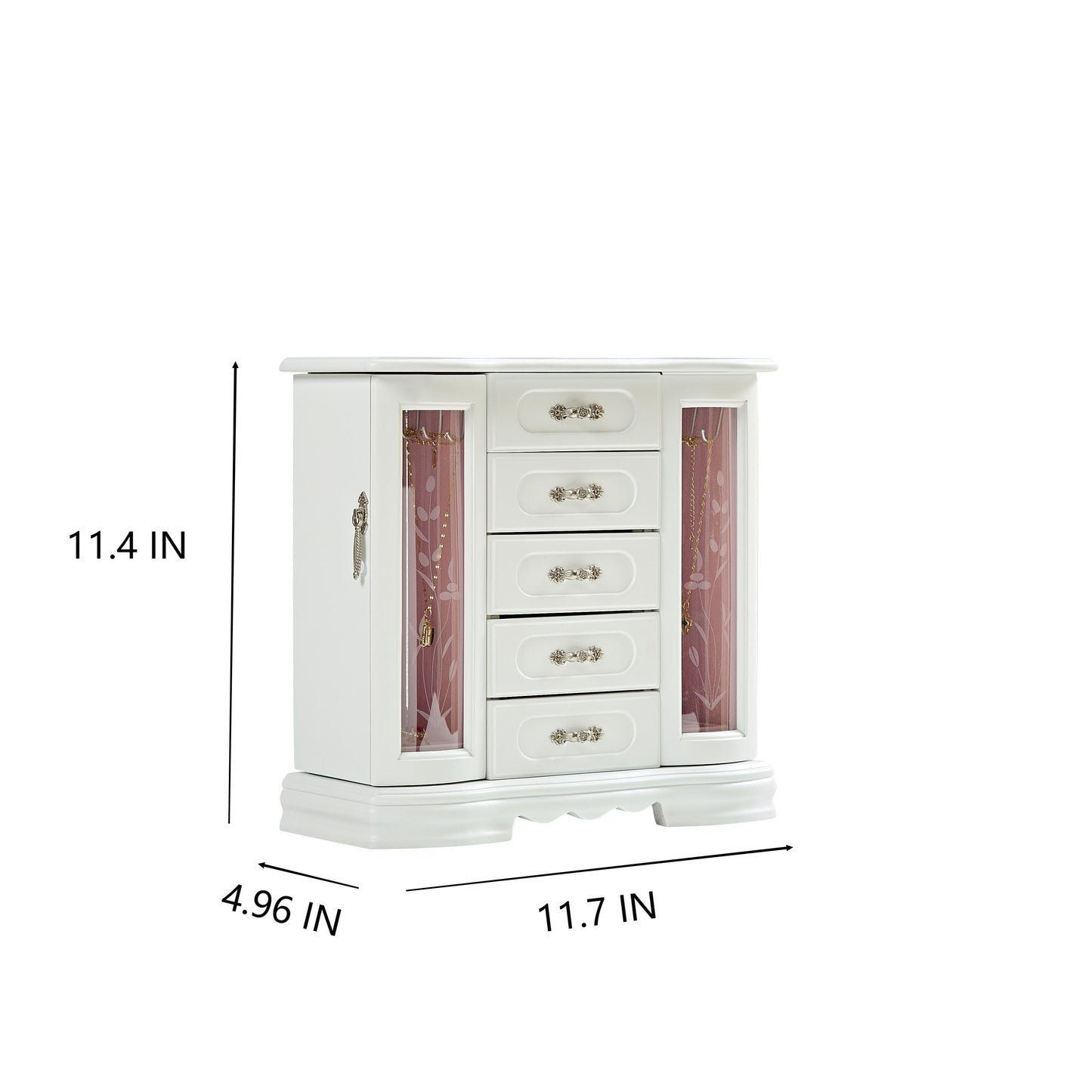Solid Wooden Jewelry Box with 5-Drawers Built-in Necklace hook and Mirror White