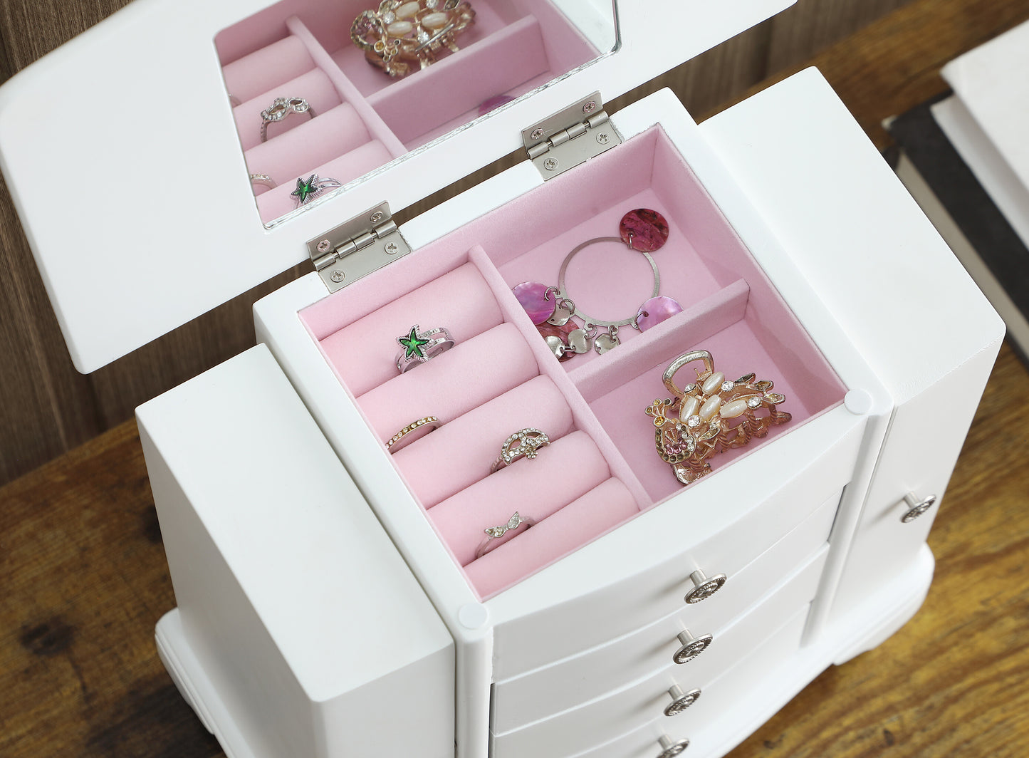 Snow White Wood Jewelry Box with 3 Drawers and 2 doors