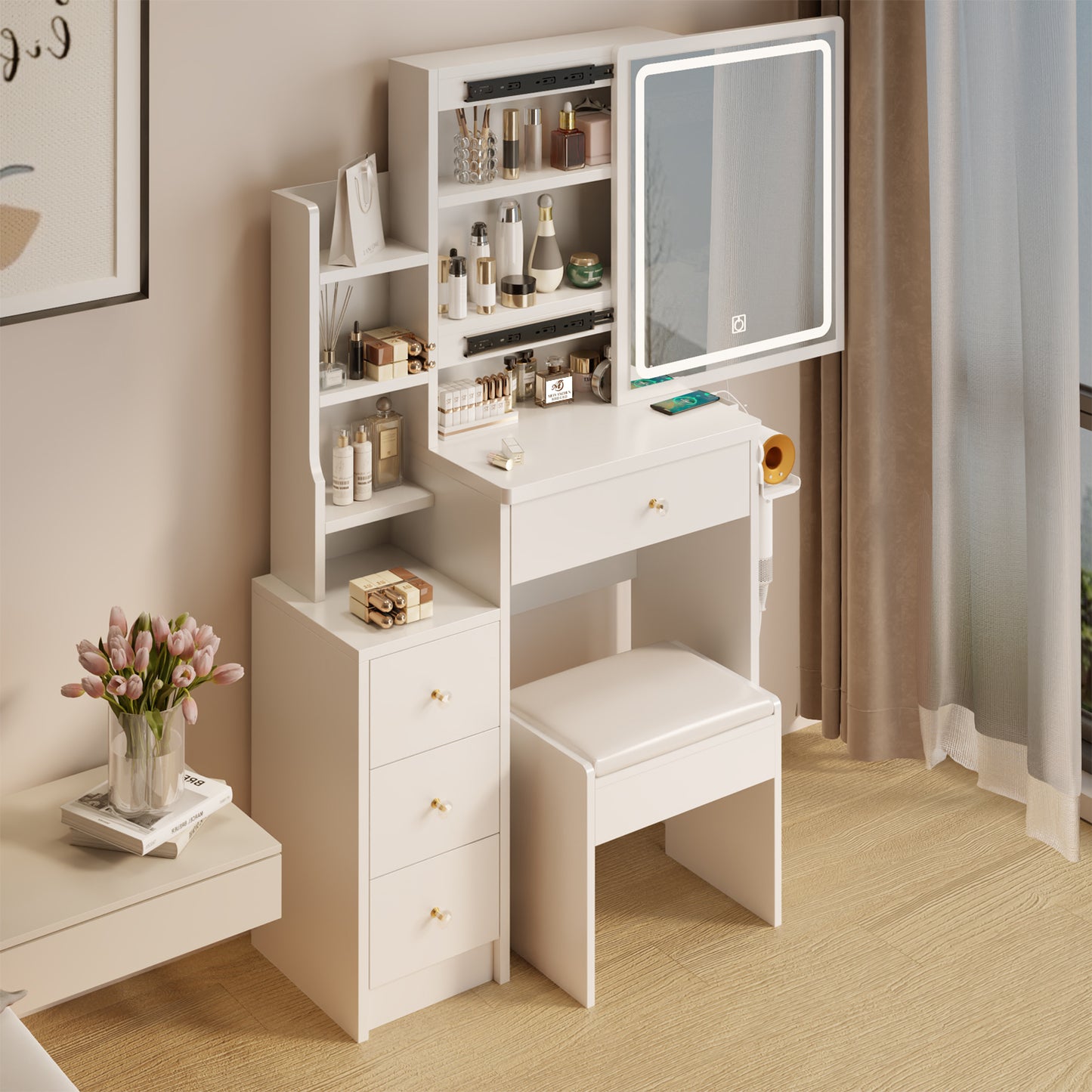 Elegant White Makeup Vanity Set with LED Lighted Mirror, Spacious Storage, and Matching Stool - Modern Design with Gold Accents