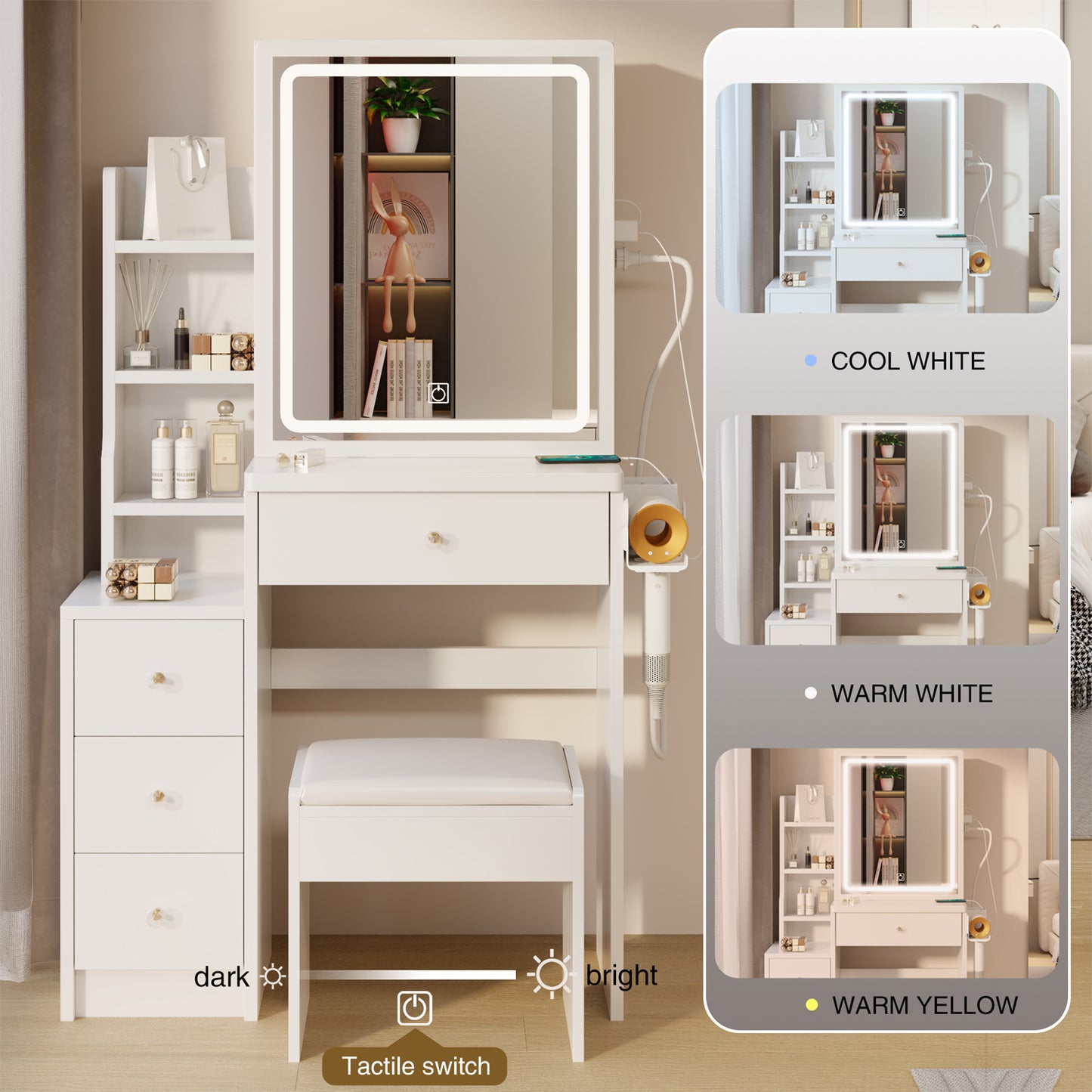 Elegant White Makeup Vanity Set with LED Lighted Mirror, Spacious Storage, and Matching Stool - Modern Design with Gold Accents