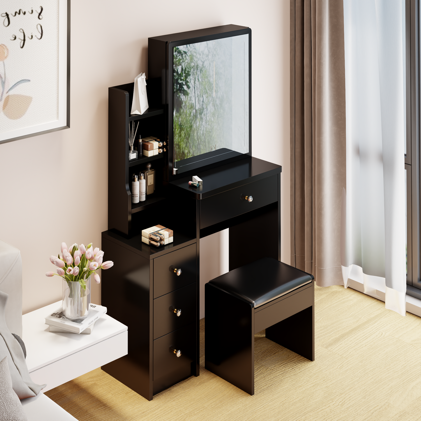 Sleek Black Makeup Vanity Set with LED Lighted Mirror and Ample Storage - Contemporary Design with Matching Stool