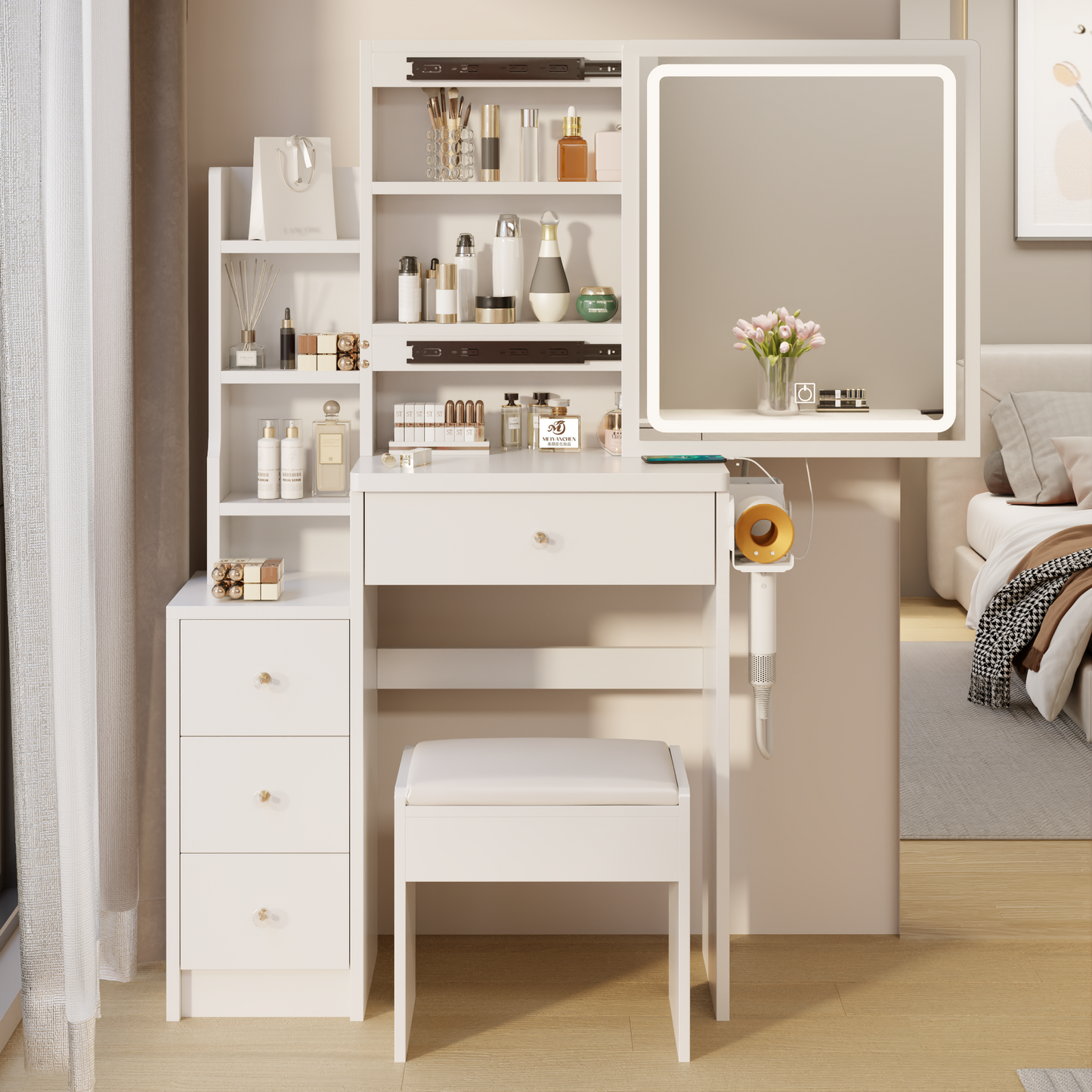 Elegant White Makeup Vanity Set with LED Lighted Mirror, Spacious Storage, and Matching Stool - Modern Design with Gold Accents