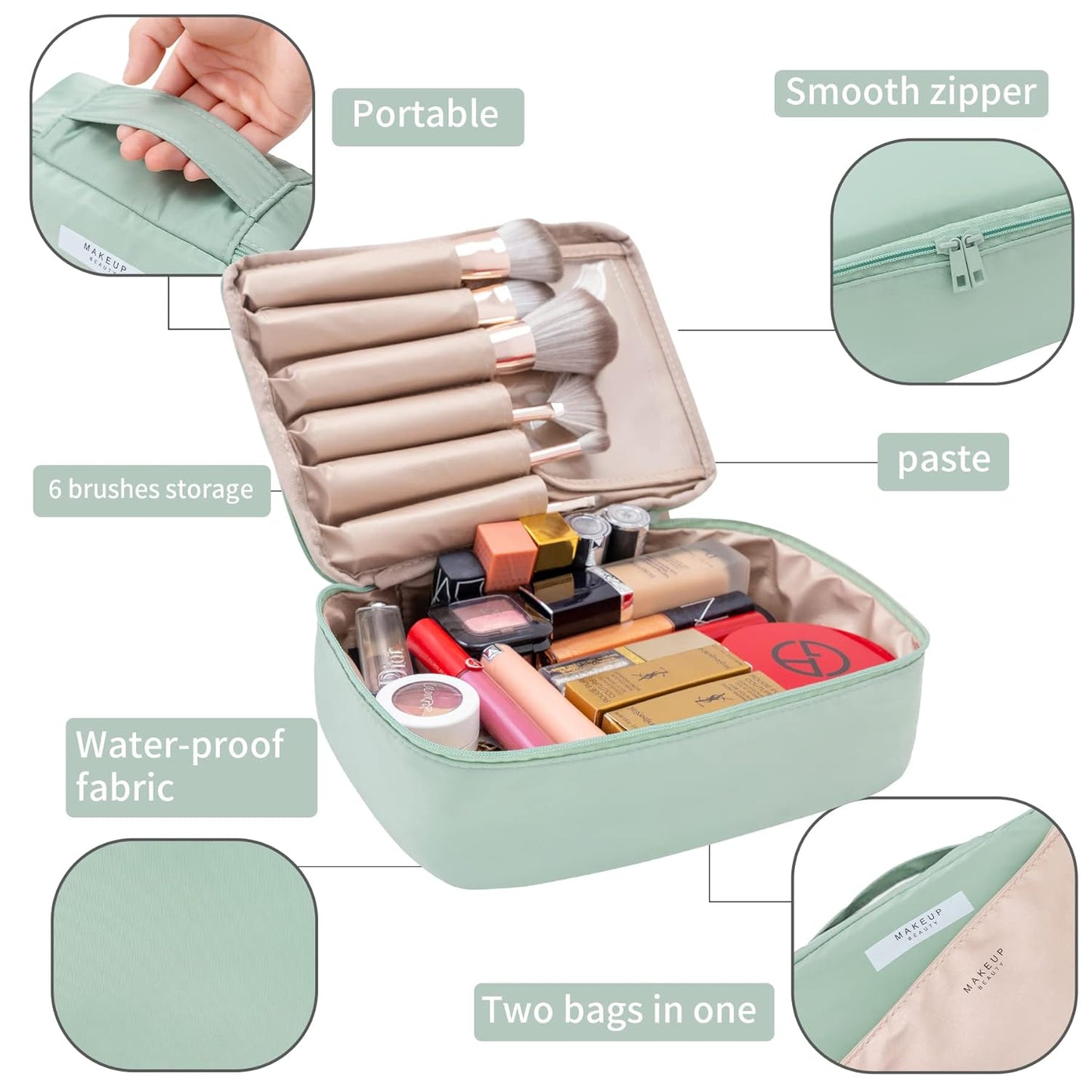 Multi-Functional Makeup Bag with Brush Holder, Smooth Zipper, and Waterproof Fabric - Portable Dual Compartment Cosmetic Organizer, Mint Green