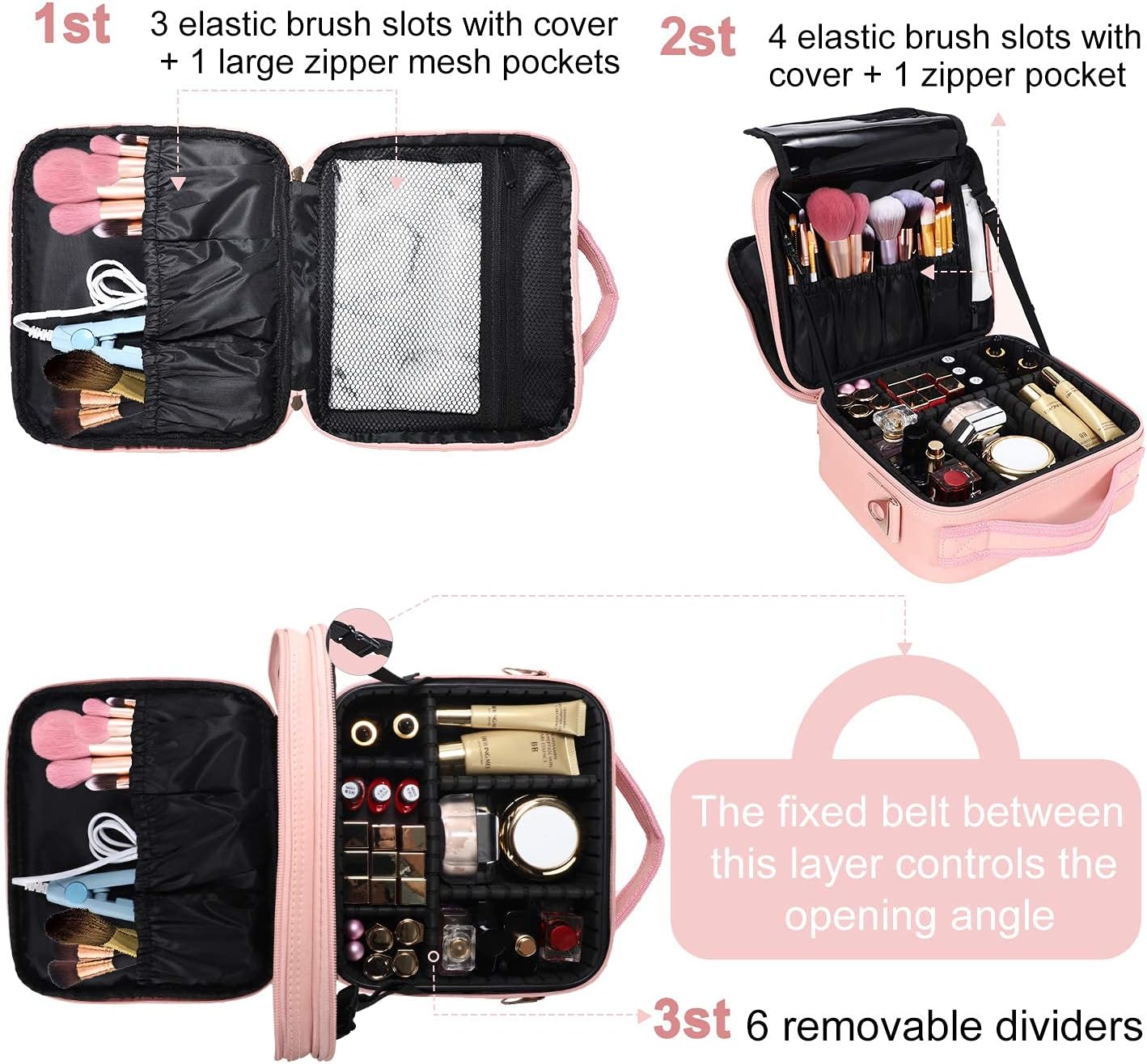 Chic Pink Cosmetic Bag with Waterproof PU Leather, Durable SBS Zippers, and Spacious Compartments, 10.3 x 9.1 x 4.7 Inches