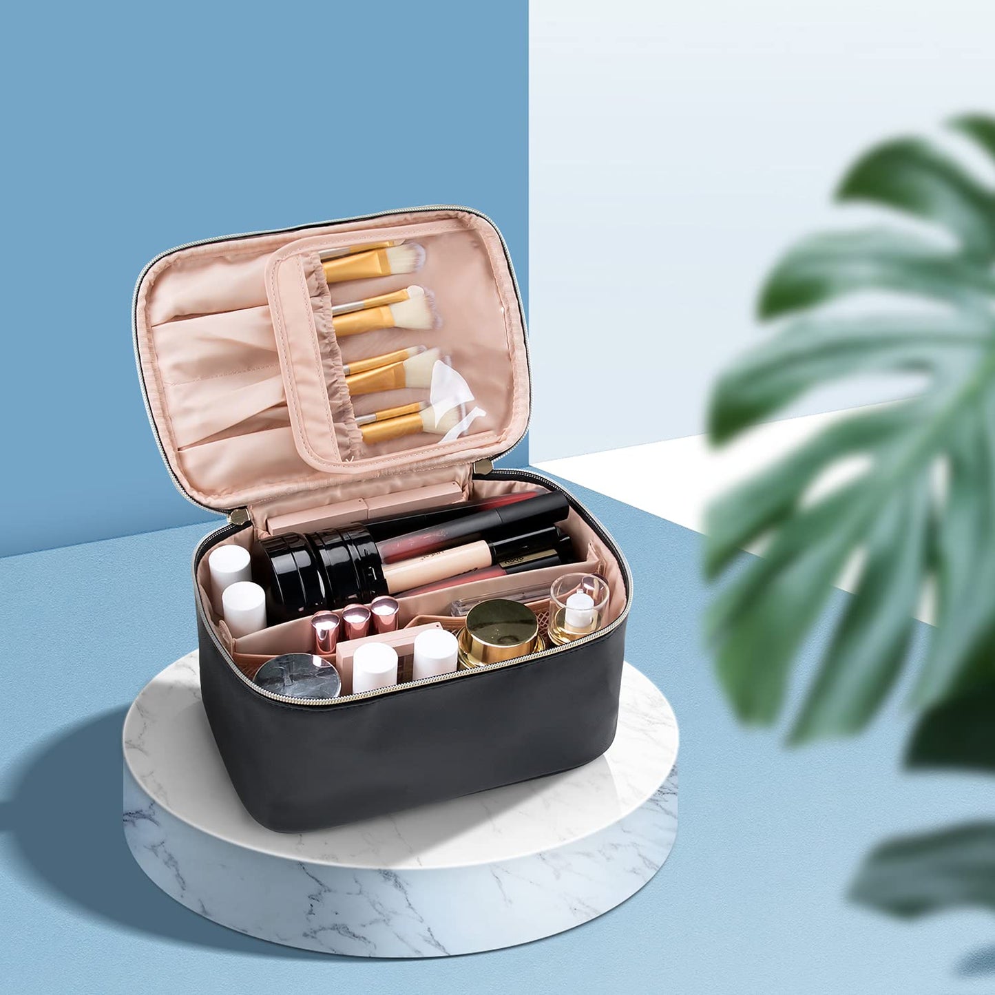 Portable Black Makeup Bag with Golden Zipper - Compact Cosmetic Organizer, 9.4 x 6.5 x 4.7 Inches, Durable Synthetic Leather