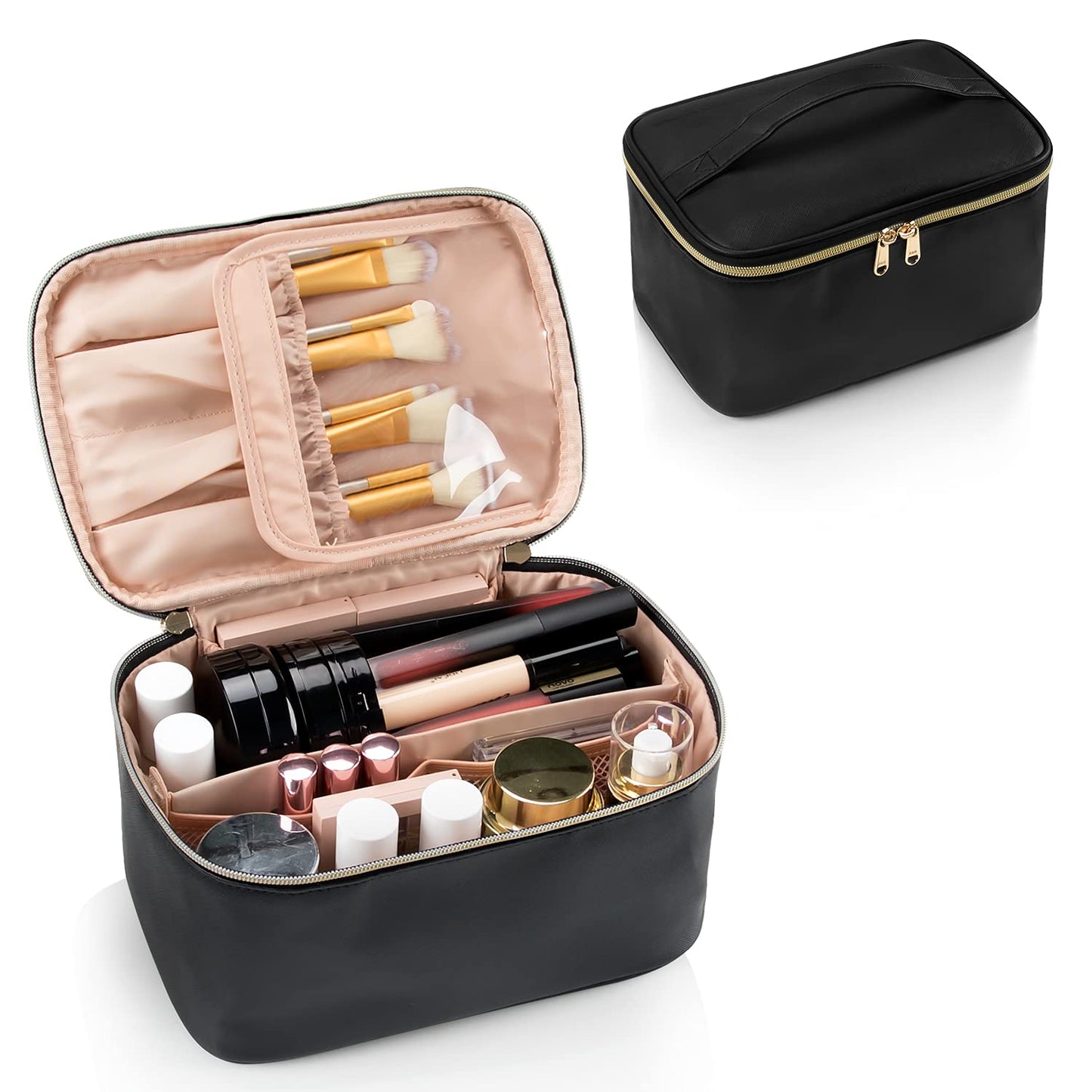 Portable Black Makeup Bag with Golden Zipper - Compact Cosmetic Organizer, 9.4 x 6.5 x 4.7 Inches, Durable Synthetic Leather