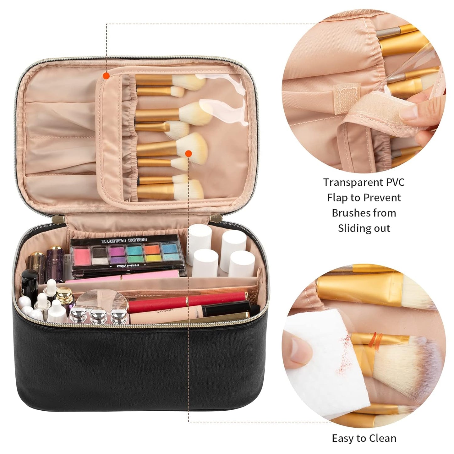 Portable Black Makeup Bag with Golden Zipper - Compact Cosmetic Organizer, 9.4 x 6.5 x 4.7 Inches, Durable Synthetic Leather