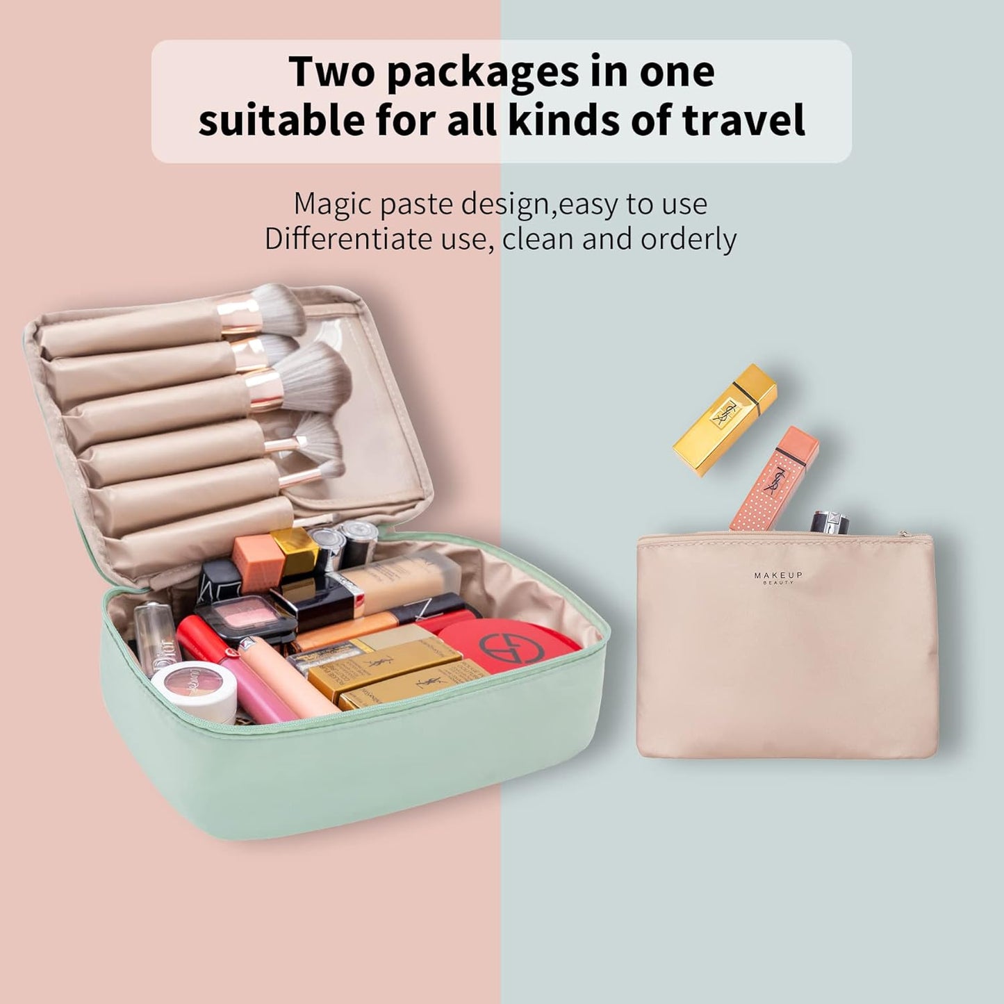 Multi-Functional Makeup Bag with Brush Holder, Smooth Zipper, and Waterproof Fabric - Portable Dual Compartment Cosmetic Organizer, Mint Green
