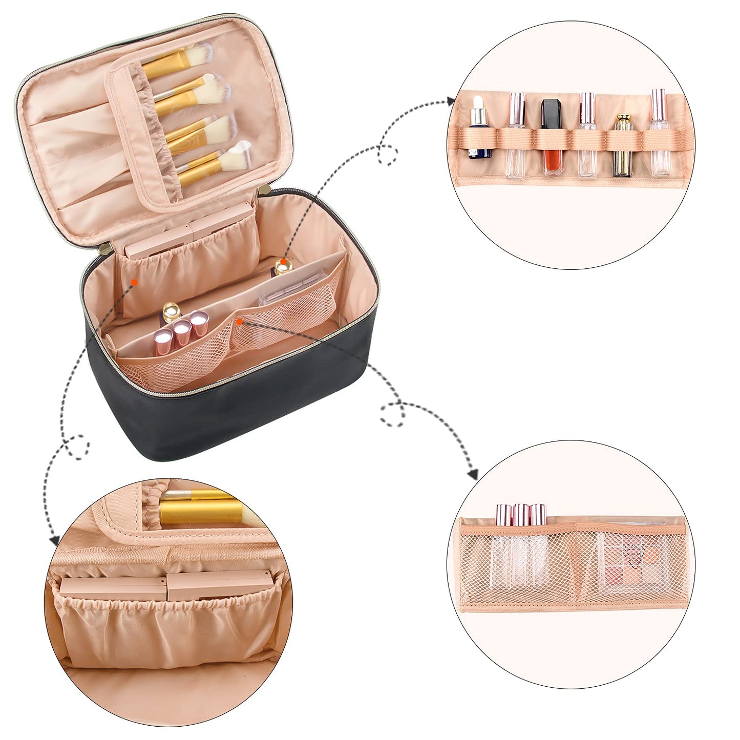 Portable Black Makeup Bag with Golden Zipper - Compact Cosmetic Organizer, 9.4 x 6.5 x 4.7 Inches, Durable Synthetic Leather