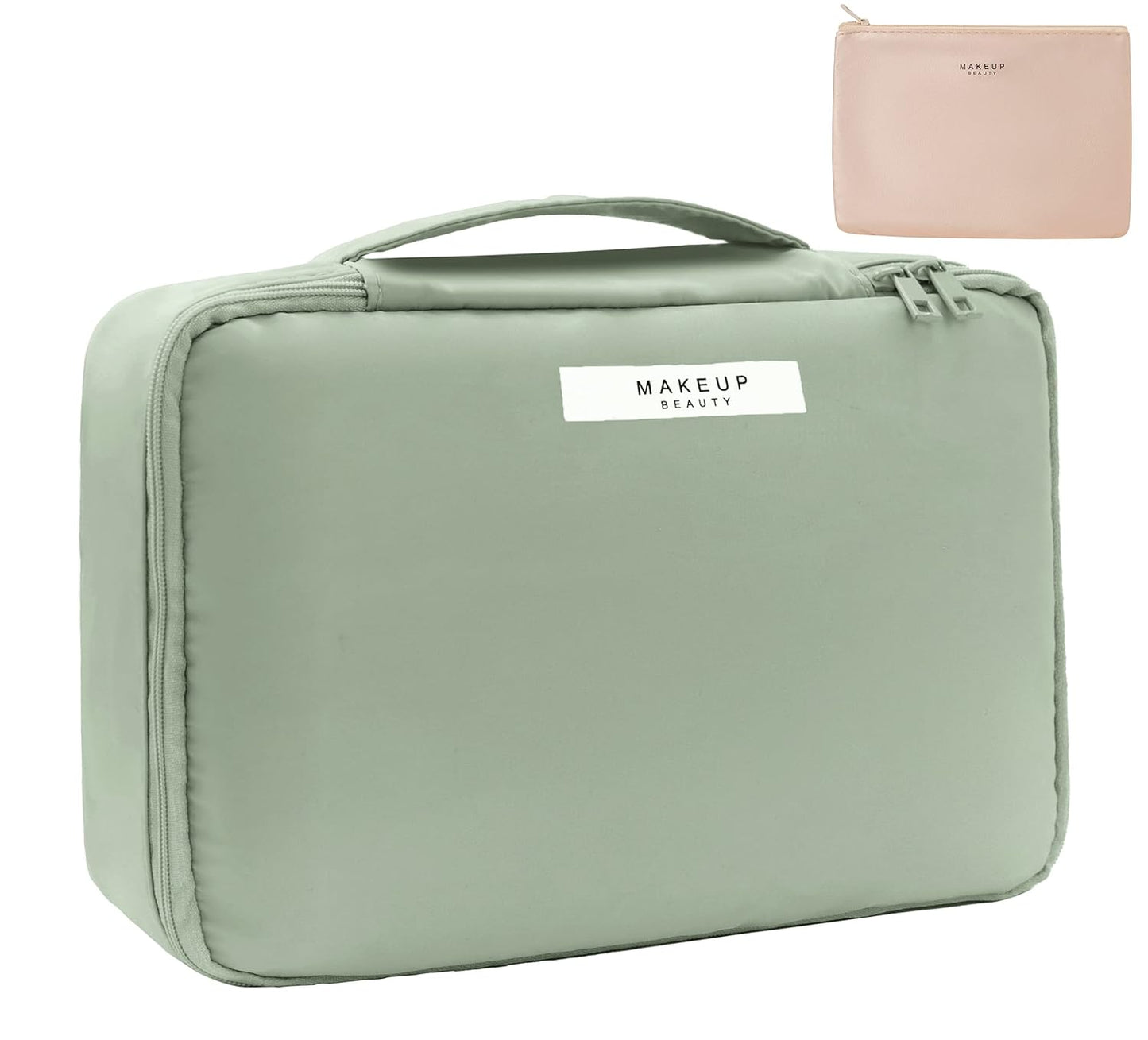 Multi-Functional Makeup Bag with Brush Holder, Smooth Zipper, and Waterproof Fabric - Portable Dual Compartment Cosmetic Organizer, Mint Green