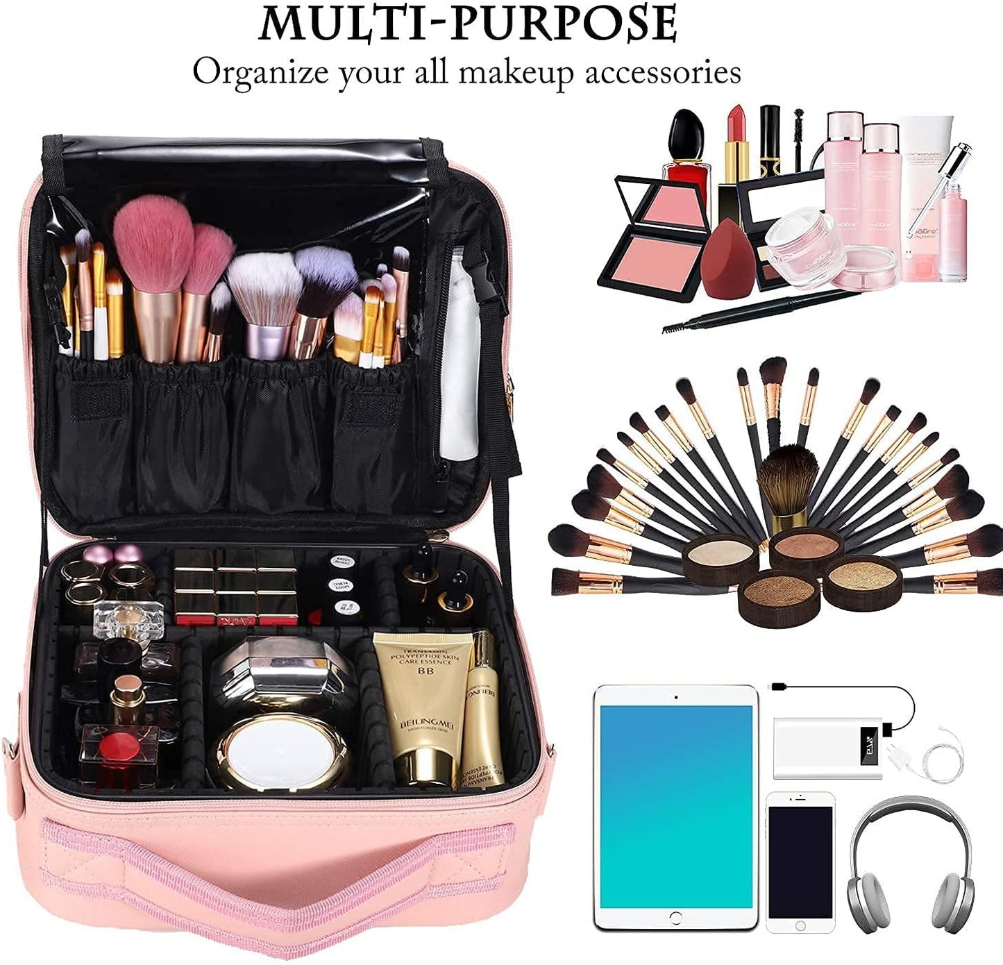 Chic Pink Cosmetic Bag with Waterproof PU Leather, Durable SBS Zippers, and Spacious Compartments, 10.3 x 9.1 x 4.7 Inches
