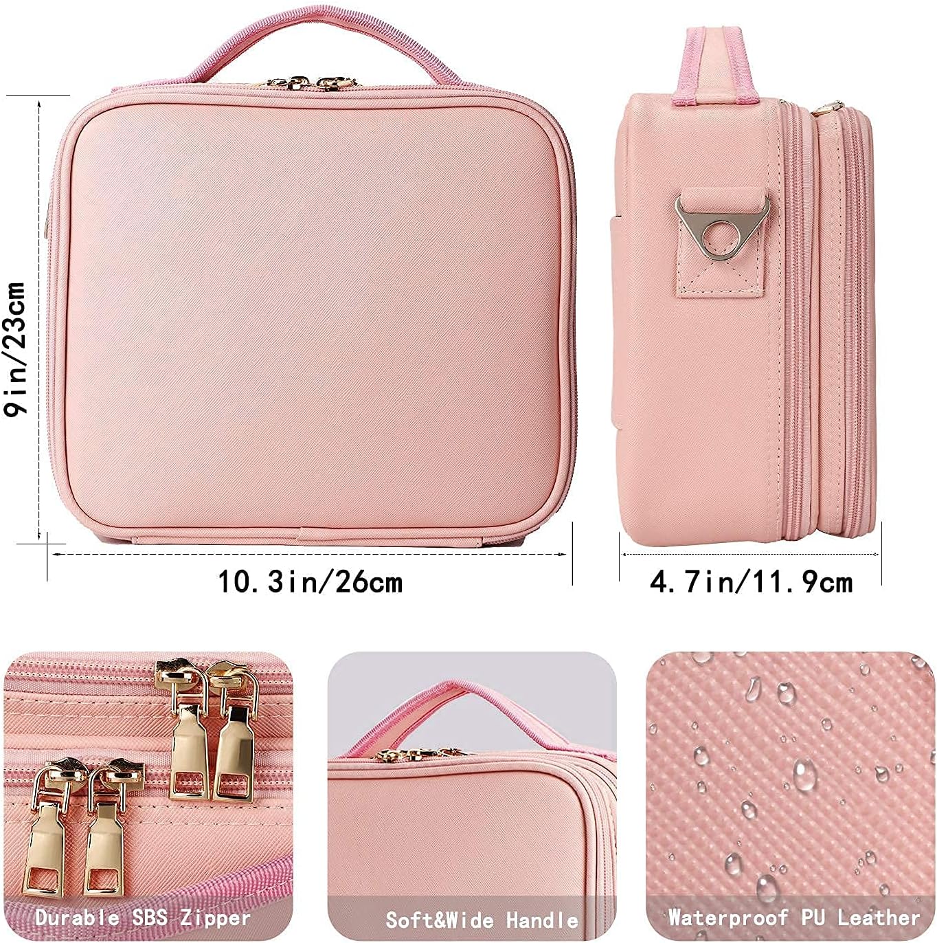 Chic Pink Cosmetic Bag with Waterproof PU Leather, Durable SBS Zippers, and Spacious Compartments, 10.3 x 9.1 x 4.7 Inches