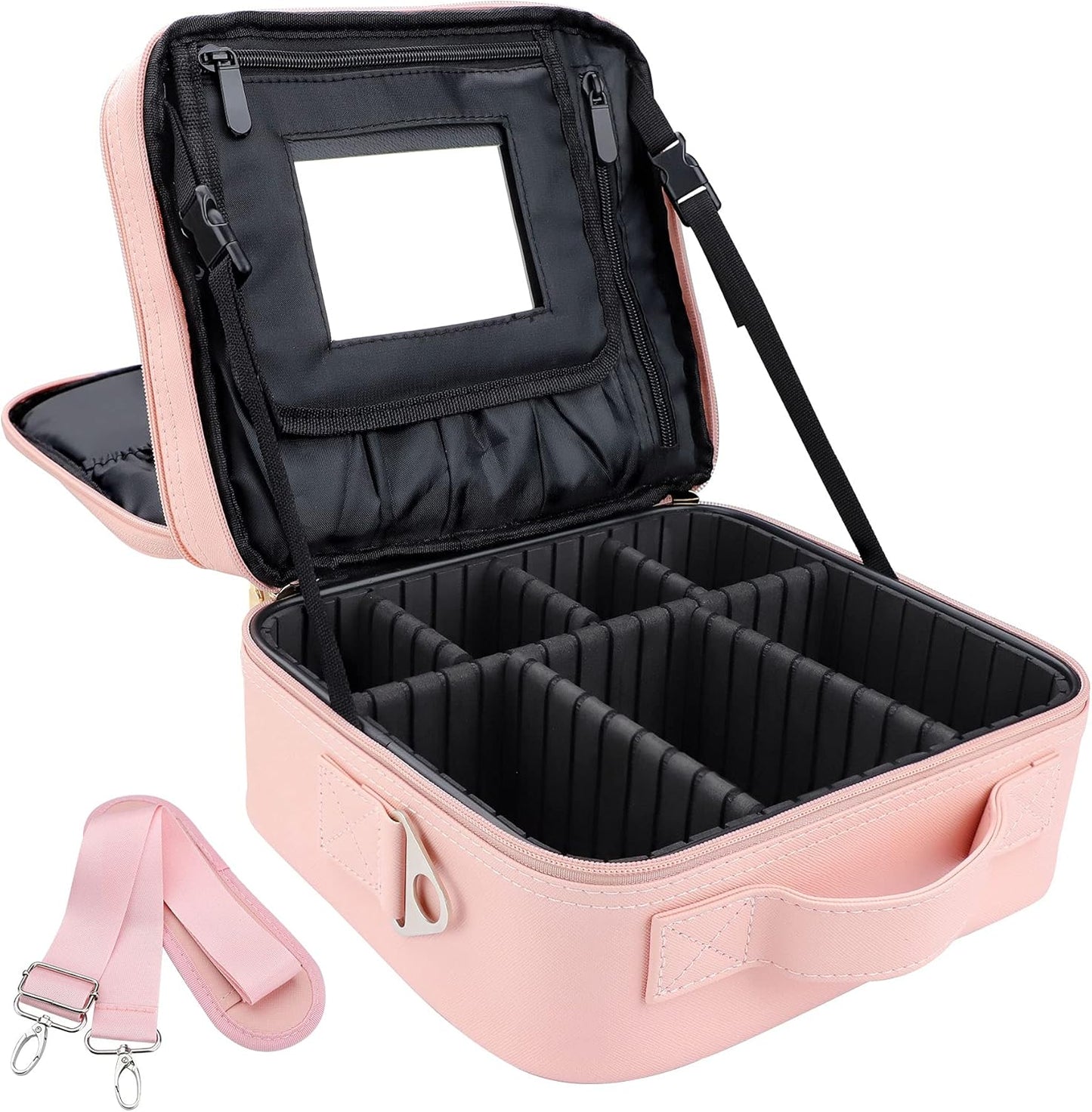 Chic Pink Cosmetic Bag with Waterproof PU Leather, Durable SBS Zippers, and Spacious Compartments, 10.3 x 9.1 x 4.7 Inches