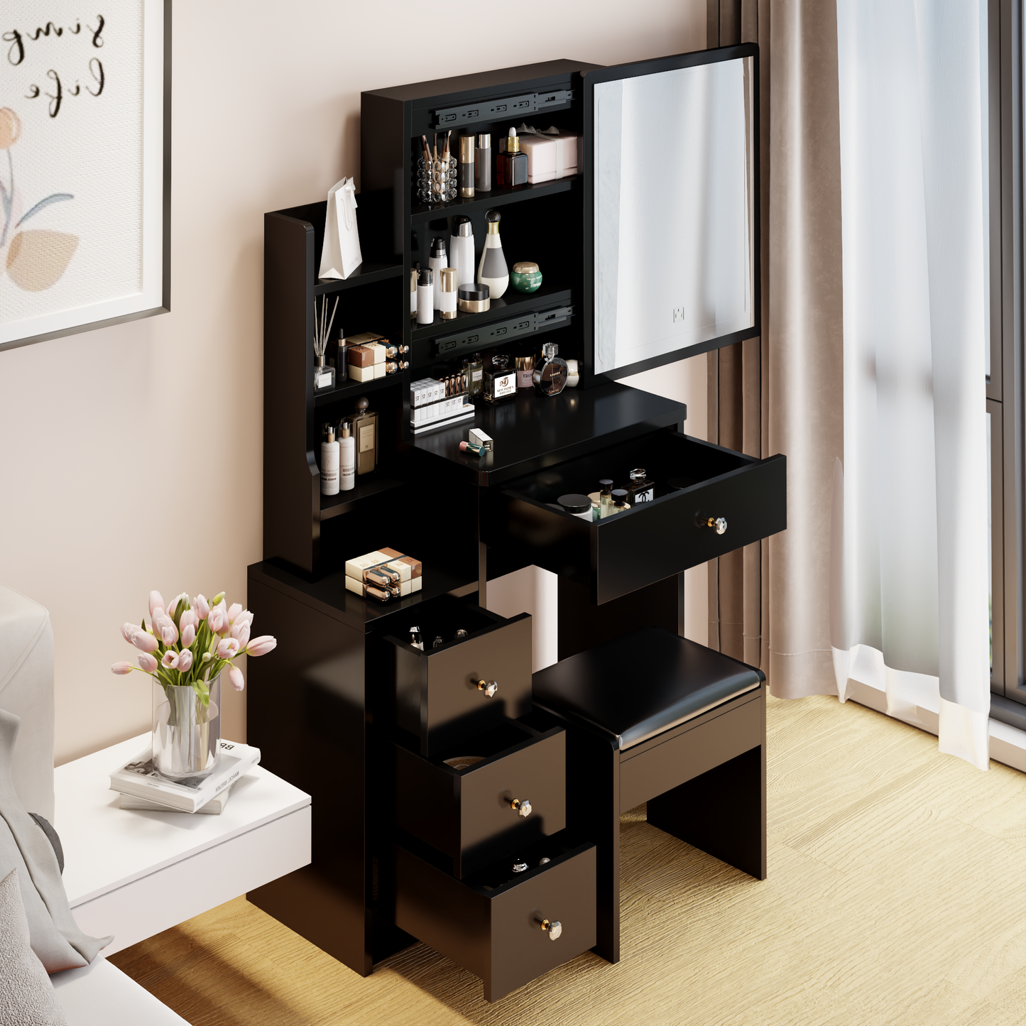 Sleek Black Makeup Vanity Set with LED Lighted Mirror and Ample Storage - Contemporary Design with Matching Stool