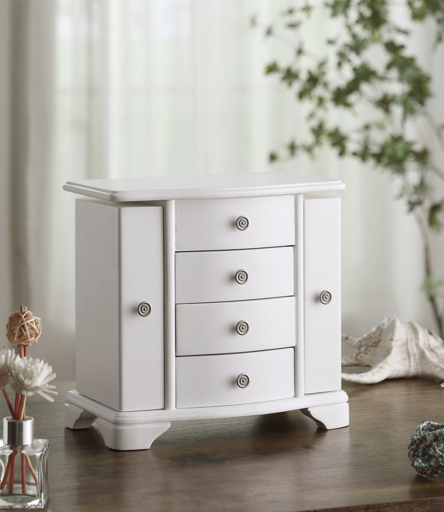 Snow White Wood Jewelry Box with 3 Drawers and 2 doors
