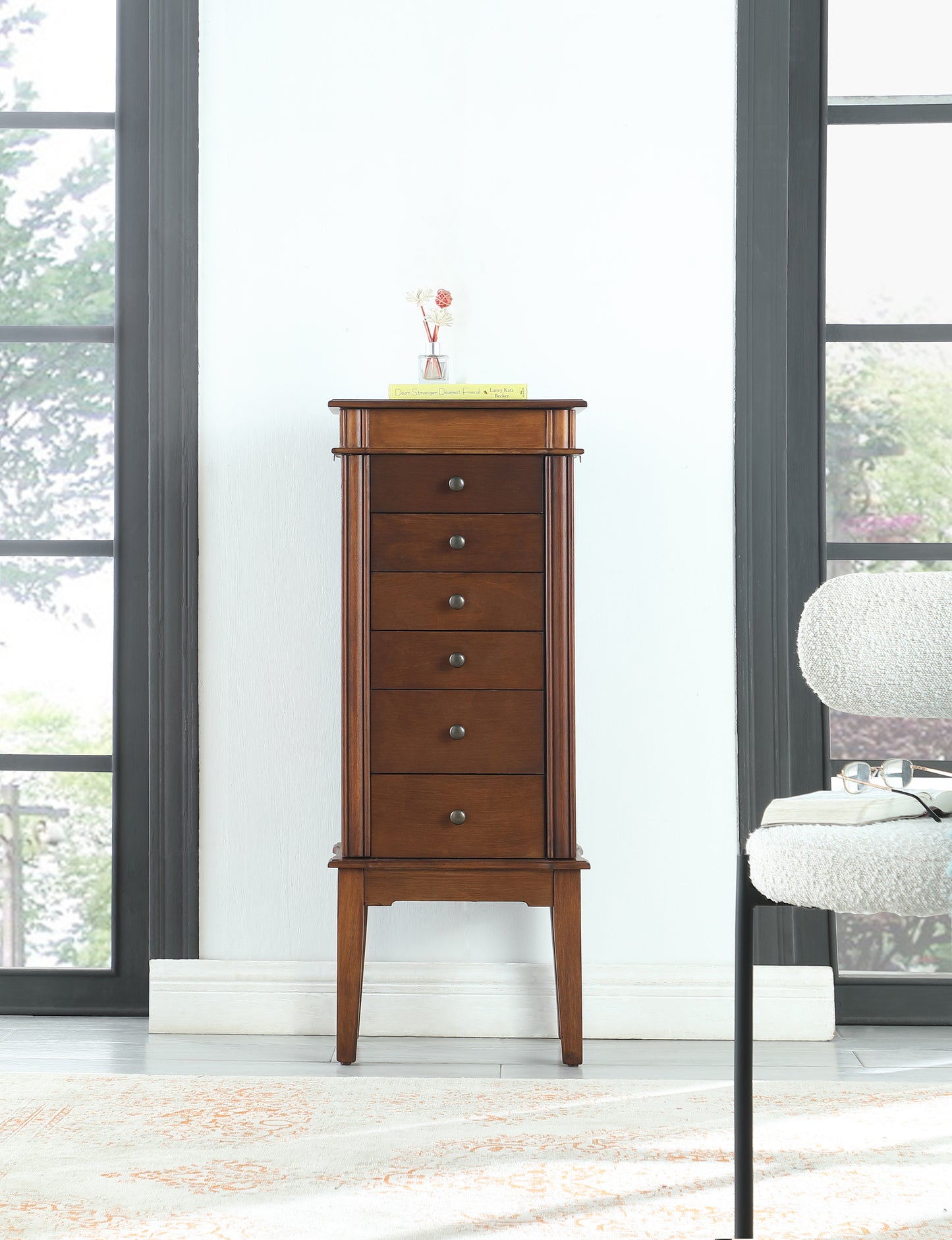 Elegant Walnut Jewelry Cabinet with 7 Drawers, Classic Wood Finish, Protective Fabric Lined Storage for Accessories