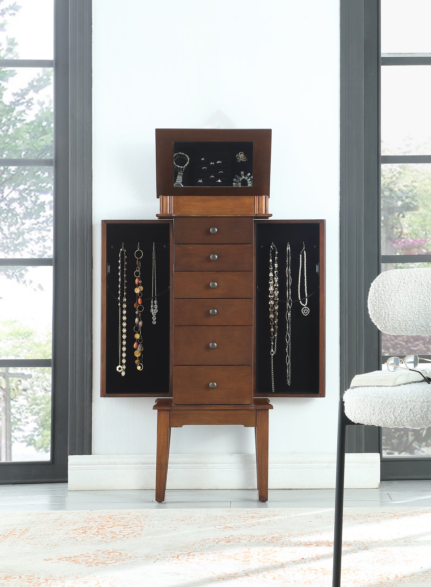 Elegant Walnut Jewelry Cabinet with 7 Drawers, Classic Wood Finish, Protective Fabric Lined Storage for Accessories