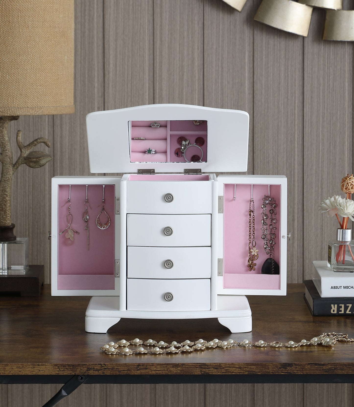 Snow White Wood Jewelry Box with 3 Drawers and 2 doors