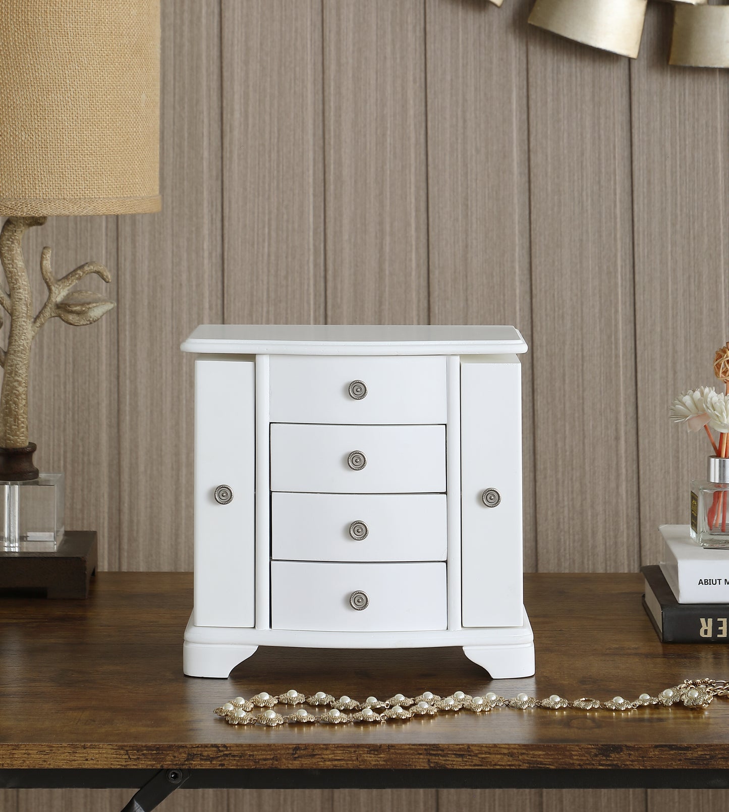 Snow White Wood Jewelry Box with 3 Drawers and 2 doors
