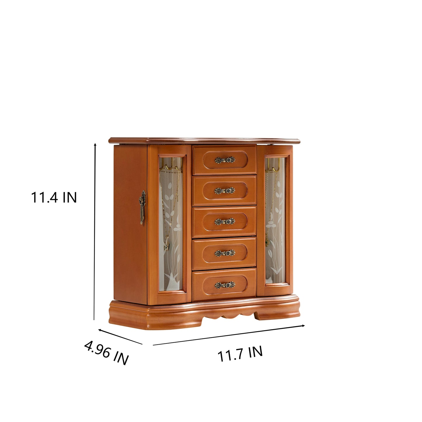 Solid Wooden Jewelry Box with 5-Drawers Built-in Necklace hook and Mirror Brown