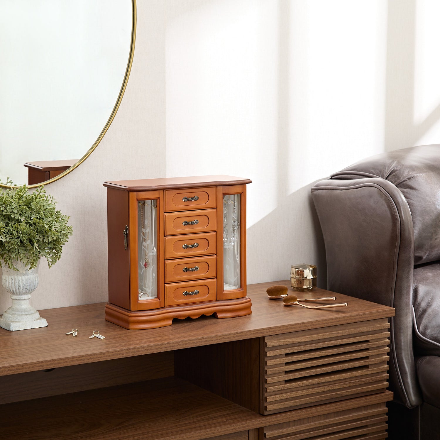 Solid Wooden Jewelry Box with 5-Drawers Built-in Necklace hook and Mirror Brown