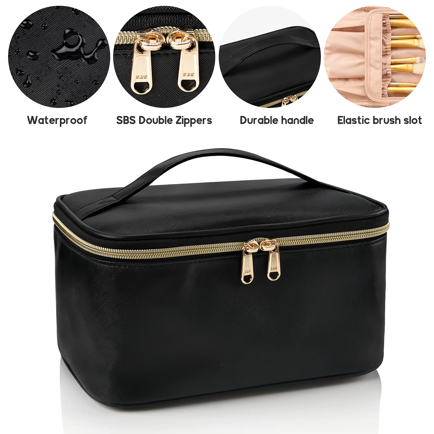 Portable Black Makeup Bag with Golden Zipper - Compact Cosmetic Organizer, 9.4 x 6.5 x 4.7 Inches, Durable Synthetic Leather