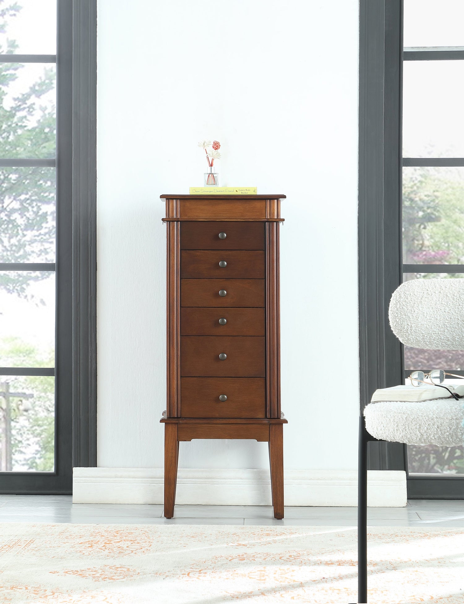 Elegant Walnut Jewelry Cabinet with 7 Drawers, Classic Wood Finish, Protective Fabric Lined Storage for Accessories