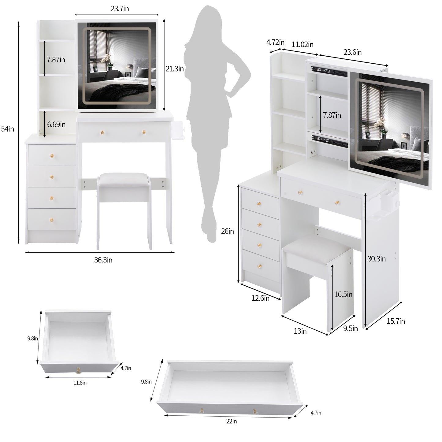 Modern White Makeup Vanity Set with Integrated Mirror, Matching Stool, and Extensive Storage - Elegant Design with Five Drawers and Open Shelves