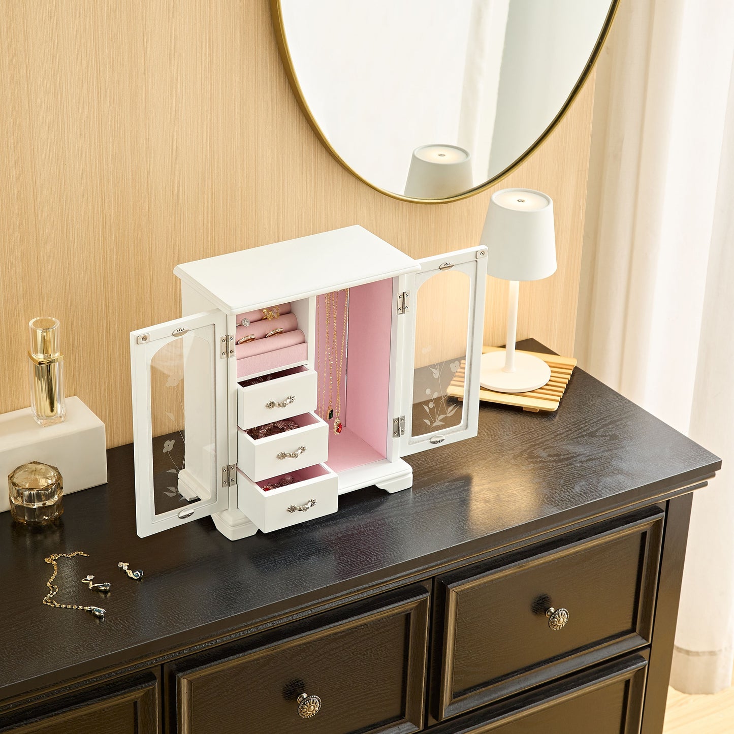 Solid Wooden Jewelry Box with 3-Drawers Built-in Necklace Carousel and Mirror White