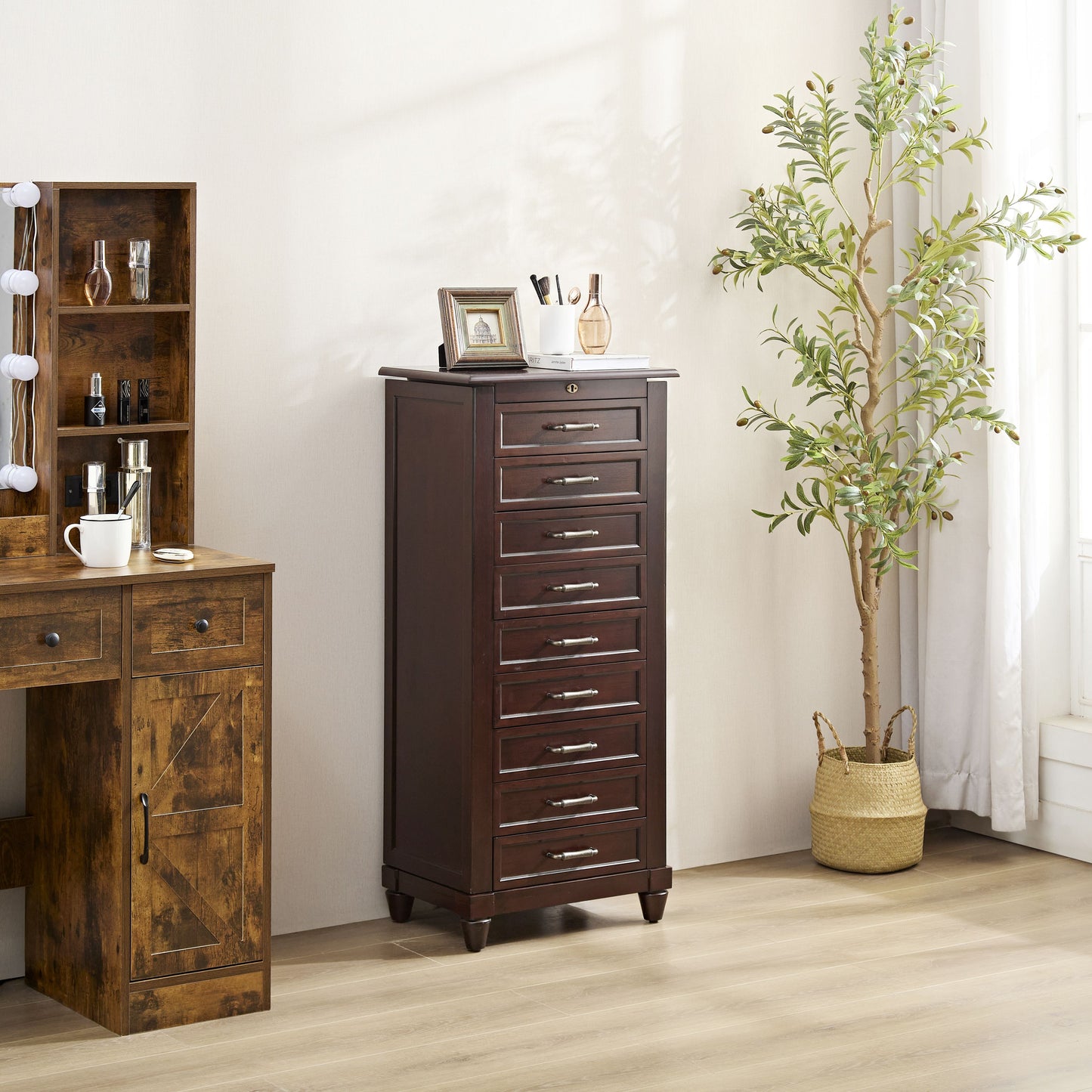 Joseph Espresso Locking Jewelry Armoire with 9-Drawer (42 in. H x 19 in. W x 13 in. D)